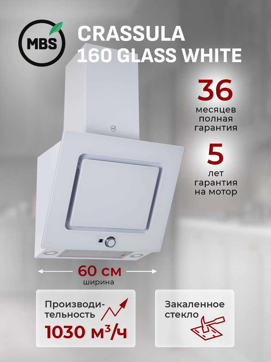 Изображение товара Наклонная вытяжка Mbs Crassula 160 glass white 60 см цвет белый Изображение товара Наклонная вытяжка Mbs Crassula 160 glass white 60 см цвет белый