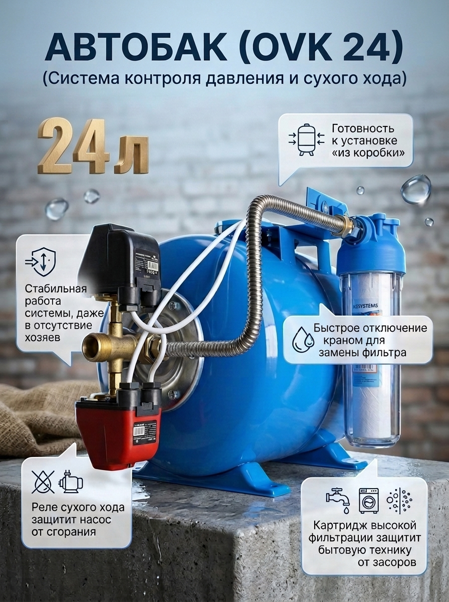 Изображение товара Гидроаккумулятор горизонтальный 24 л Ovksystems с реле давления и сухого хода Изображение товара Гидроаккумулятор горизонтальный 24 л Ovksystems с реле давления и сухого хода