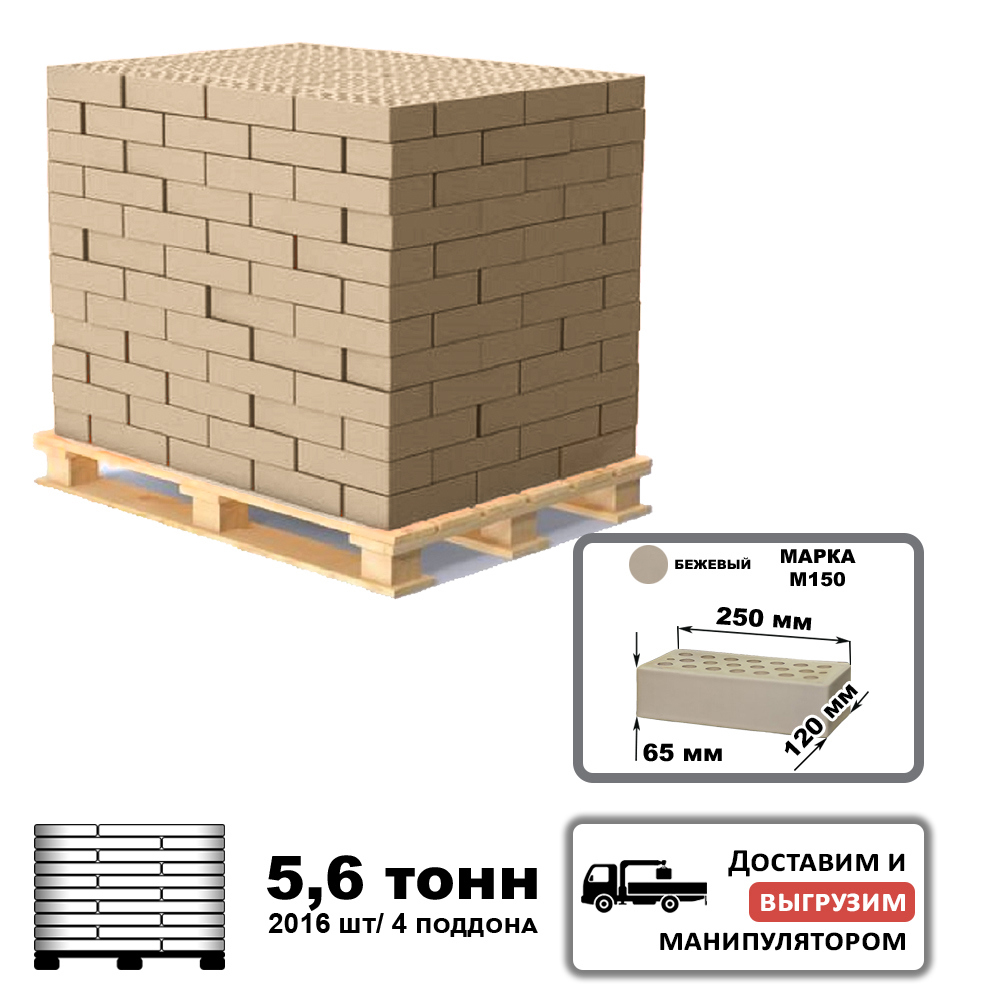 Изображение товара Облицовочный кирпич Стройкерамика М150 250x120x65мм 2016шт бежевый доставка манипулятором