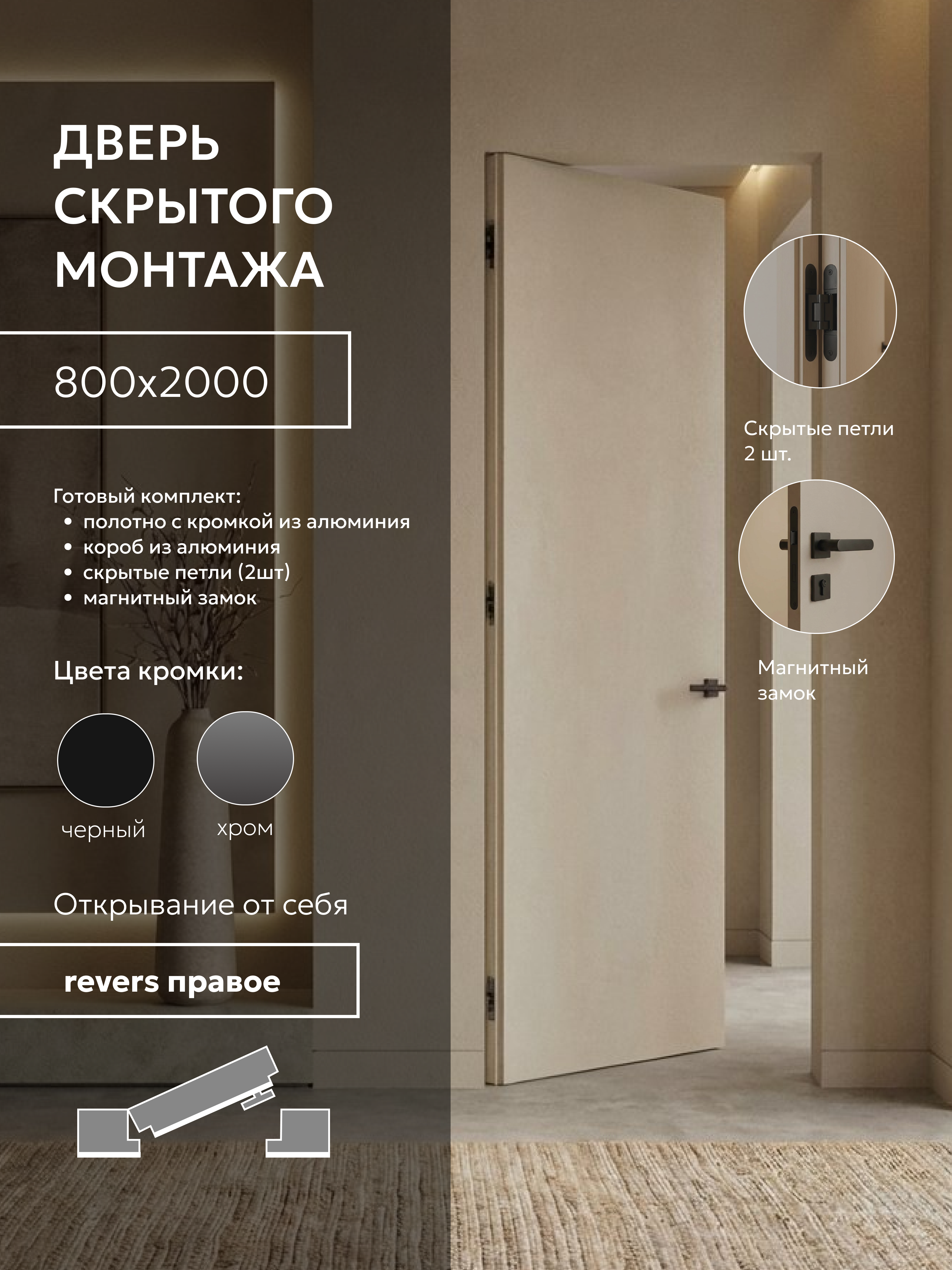 Изображение товара Дверное полотно Черный стиль Под покраску 200x80 c скрытыми петлями