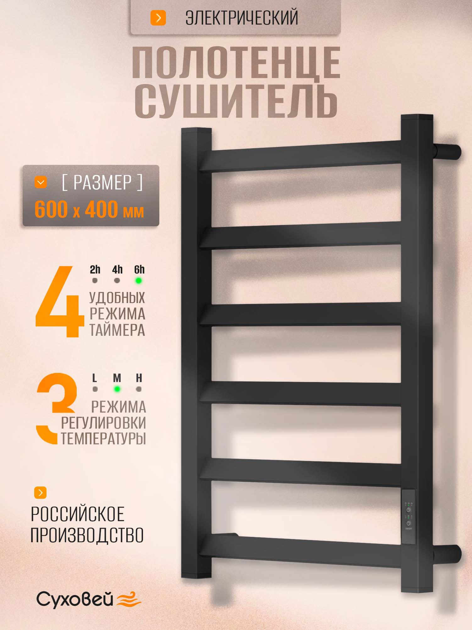 Изображение товара Полотенцесушитель электрический Суховей Глобус 430x600 мм 80 Вт с терморегулятором лесенка цвет черный