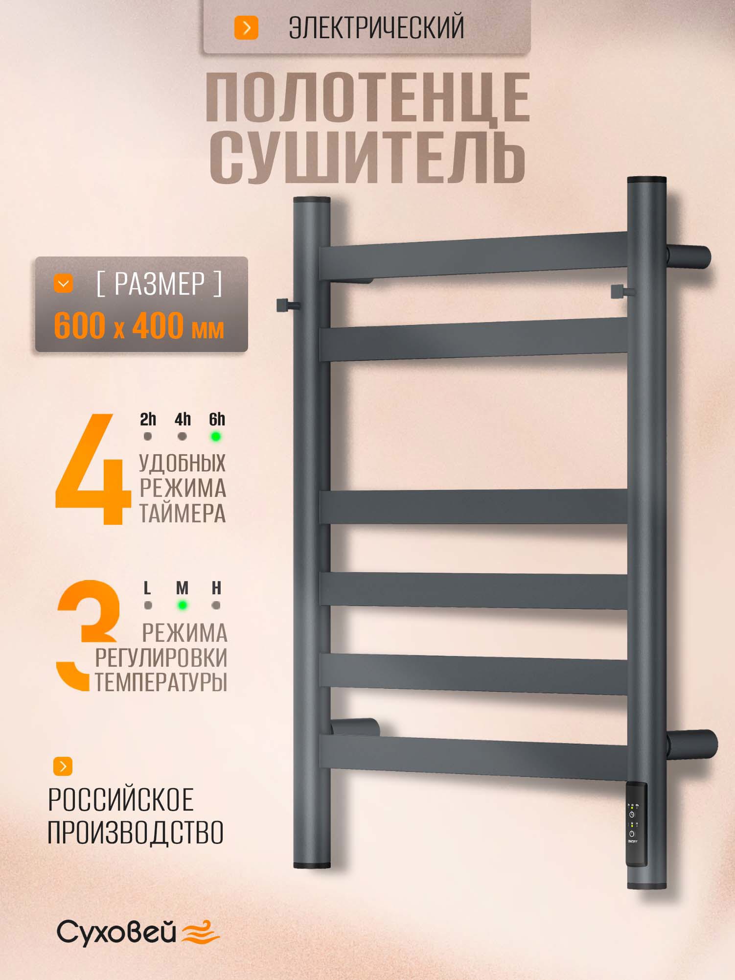 Изображение товара Полотенцесушитель электрический Суховей Соната 432x600 мм 79 Вт с терморегулятором лесенка цвет графит Изображение товара Полотенцесушитель электрический Суховей Соната 432x600 мм 79 Вт с терморегулятором лесенка цвет графит