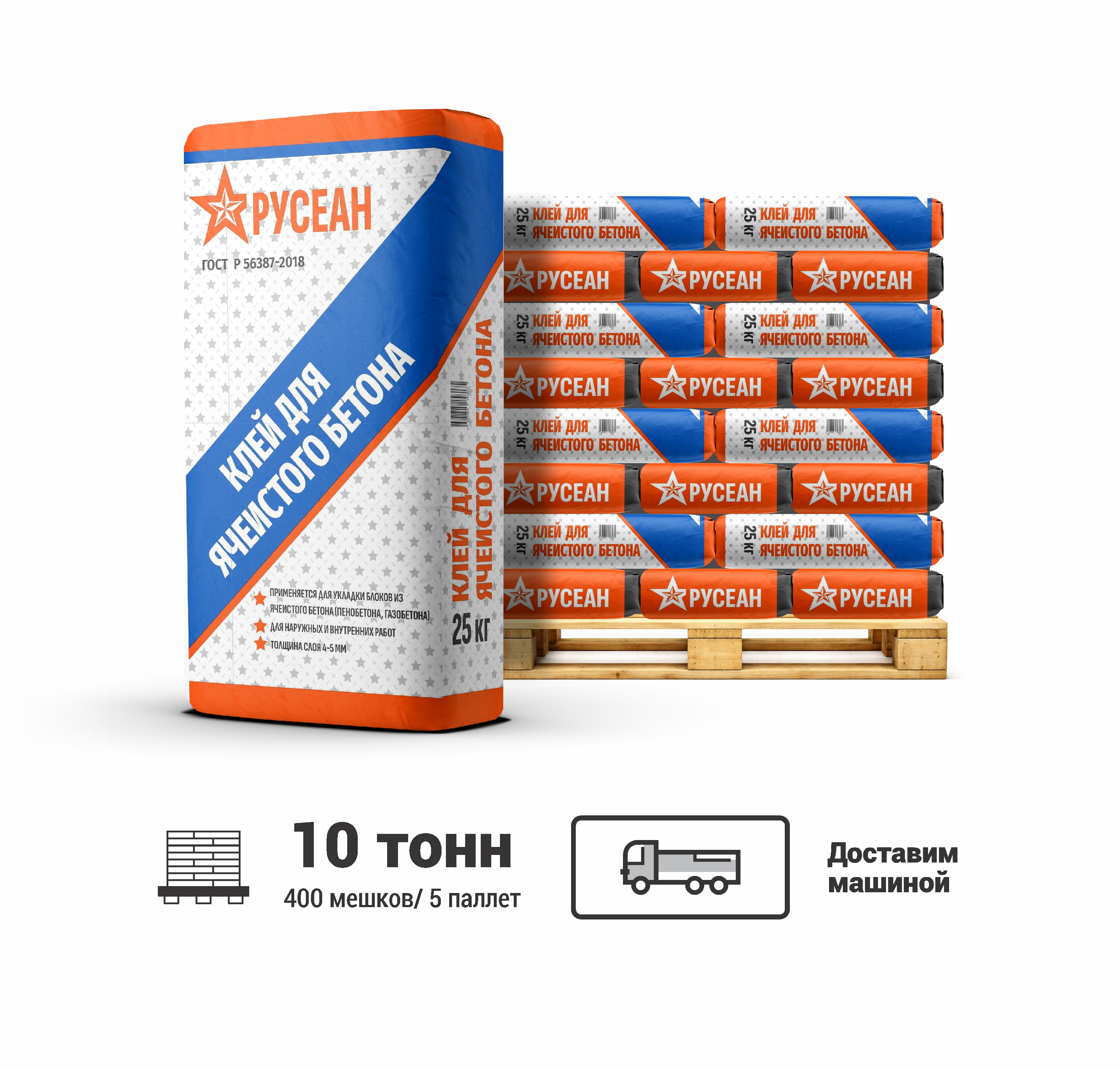 Изображение товара Клей для ячеистого бетона Русеан цвет серый комплект 25кг x 400шт машиной без выгрузки