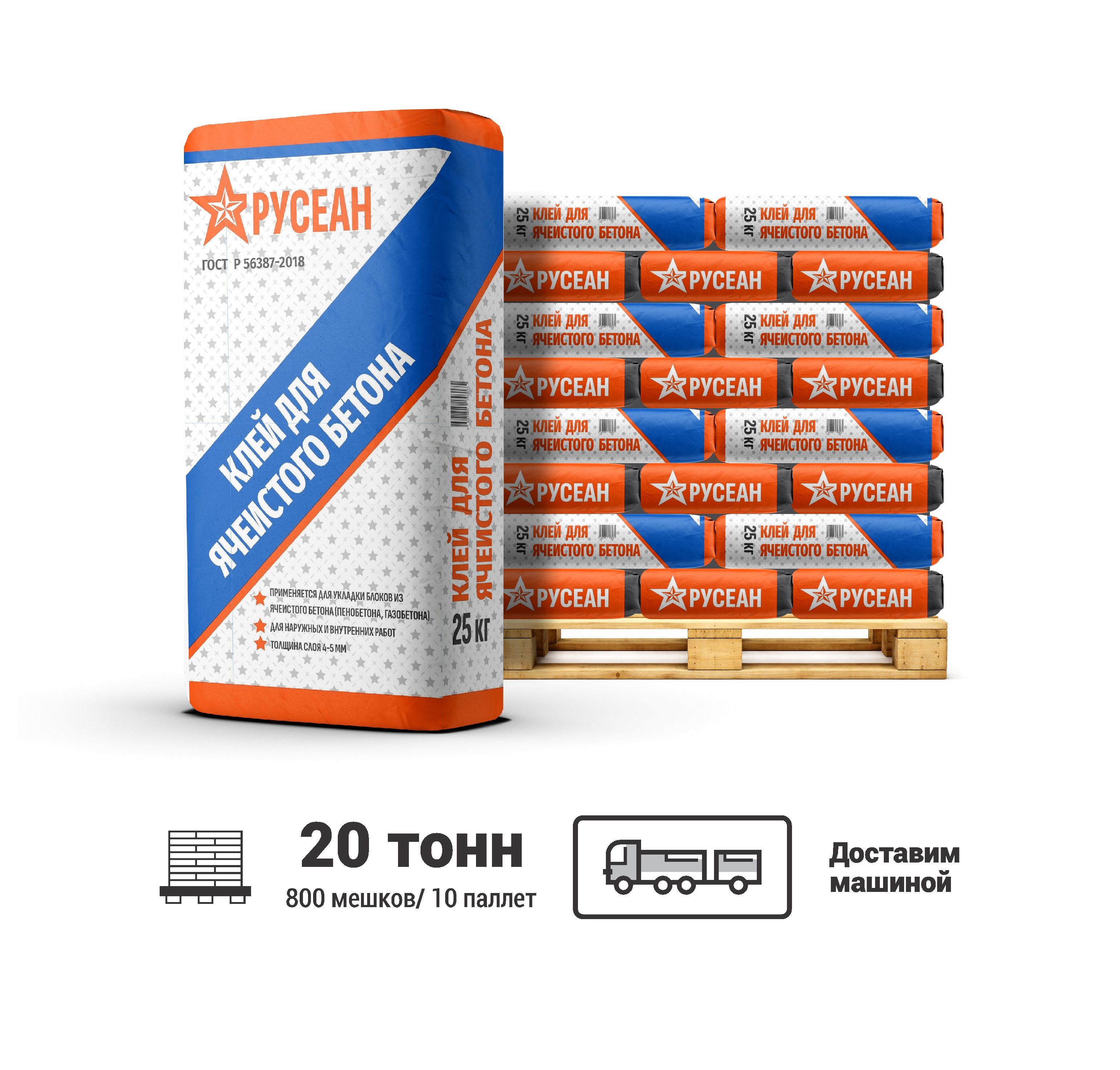 Изображение товара Клей для ячеистого бетона Русеан цвет серый комплект 25кг x 800шт машиной без выгрузки