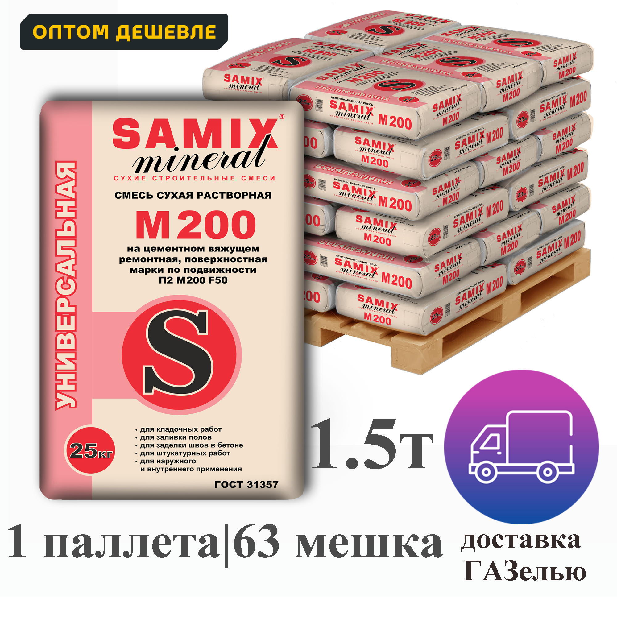 Изображение товара Цементно-песчаная смесь Samix Универсальная М200 комплект 25кг x 63шт цвет темно-серый Изображение товара Цементно-песчаная смесь Samix Универсальная М200 комплект 25кг x 63шт цвет темно-серый