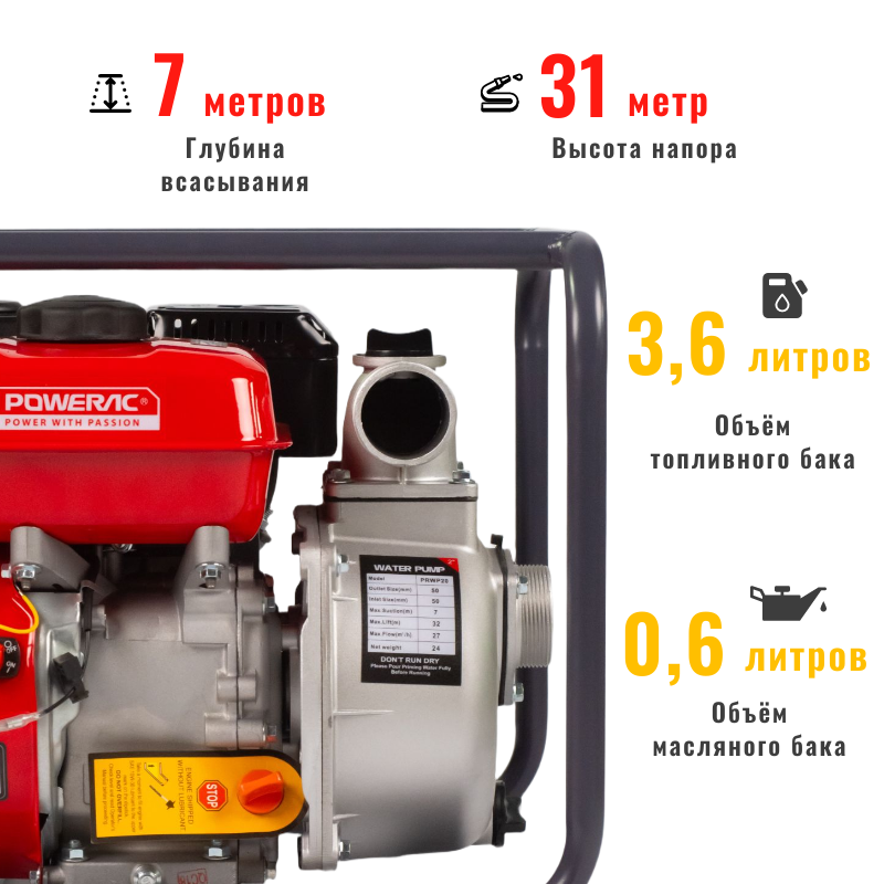 Изображение товара Мотопомпа Powerac PRWP20 для чистой воды 7 л.с. расход 30000 л/ч Изображение товара Мотопомпа Powerac PRWP20 для чистой воды 7 л.с. расход 30000 л/ч