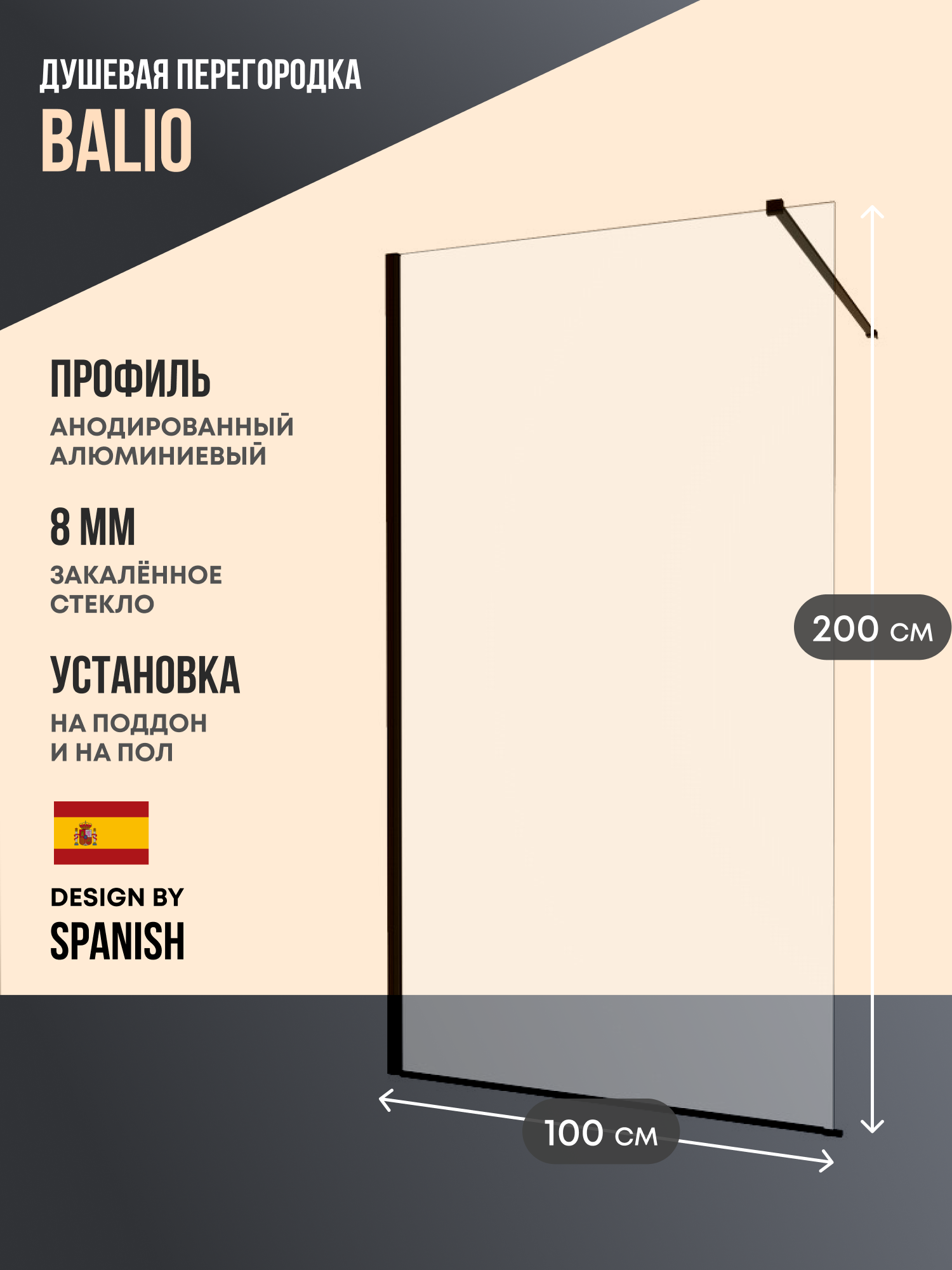 Изображение товара Душевая перегородка Belgranio Balio 100x200см черный профиль