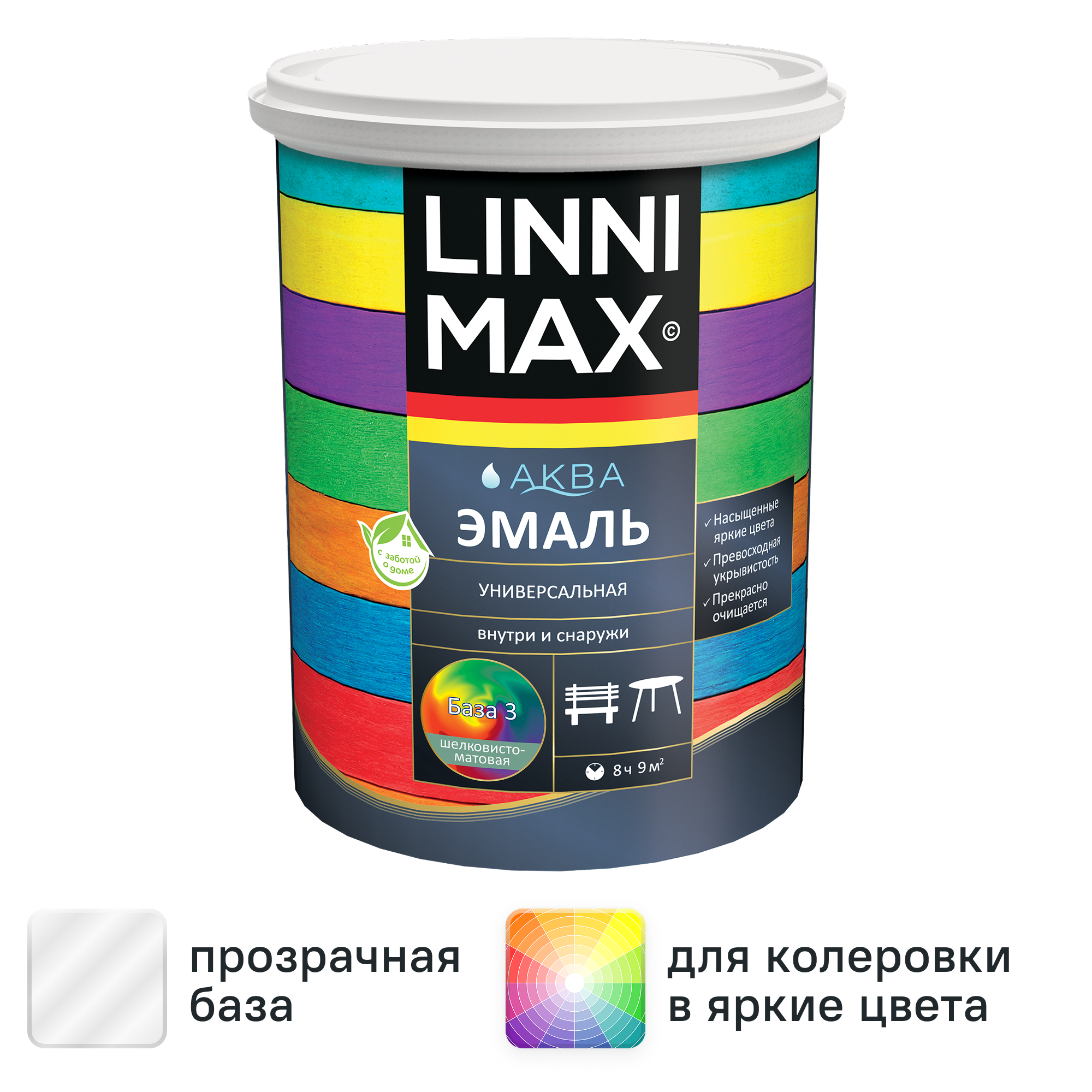 Изображение товара Эмаль универсальная Linnimax Аква шелковисто-матовая цвет прозрачный база 3 0.85 л