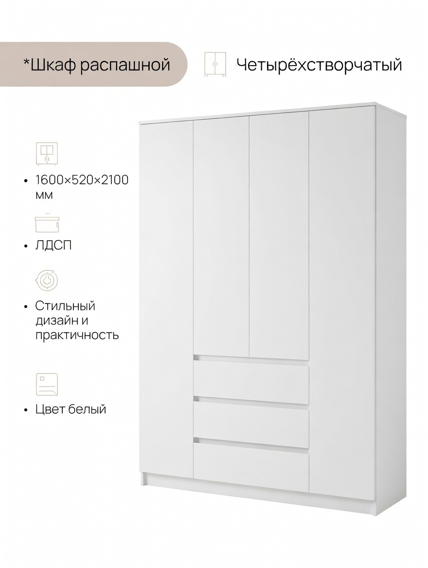 Изображение товара Шкаф распашной Клик мебель 160.4x210x50.4 см ЛДСП цвет белый