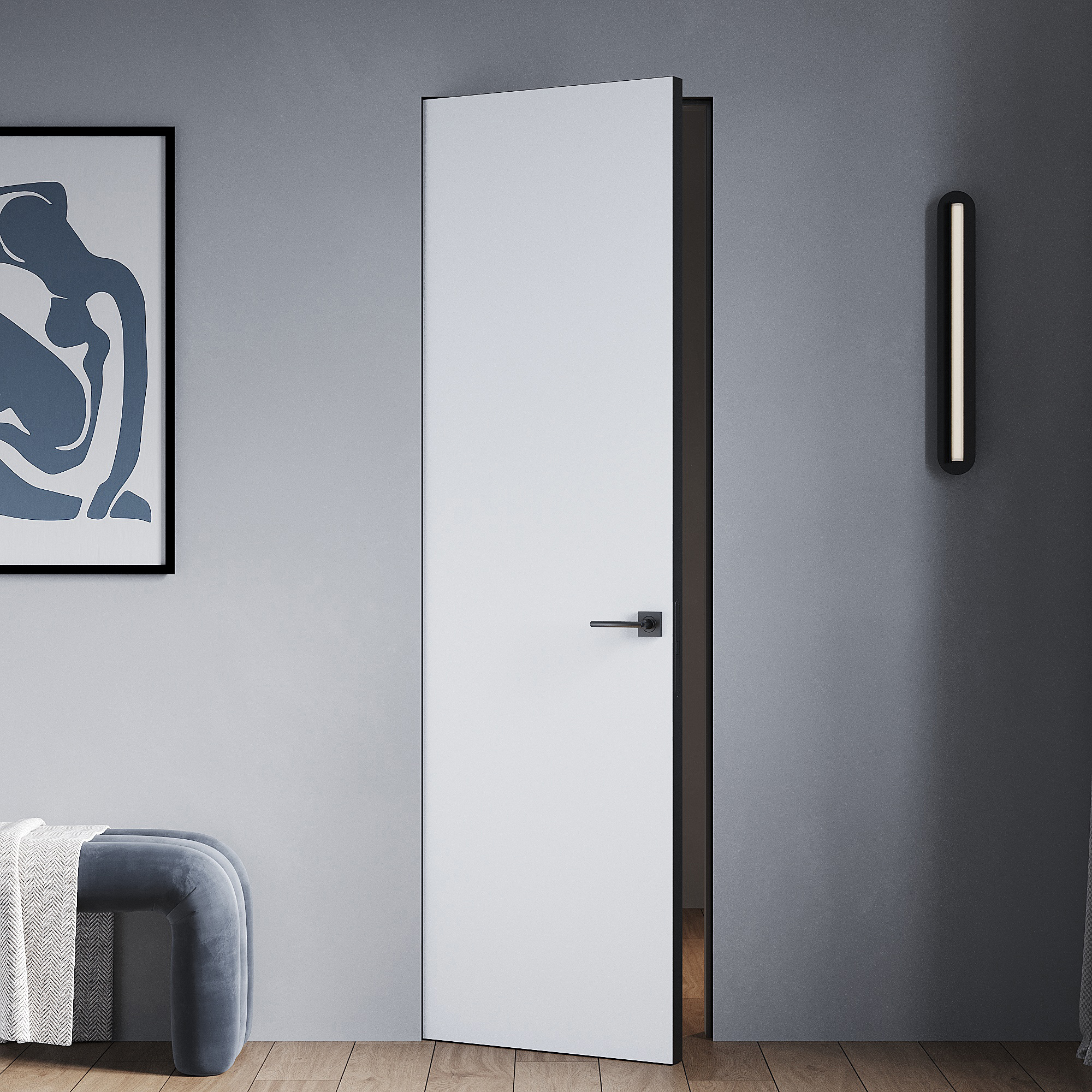 Изображение товара Дверь межкомнатная глухая Invisible 60x210 см грунт левая цвет белый/черный с замком