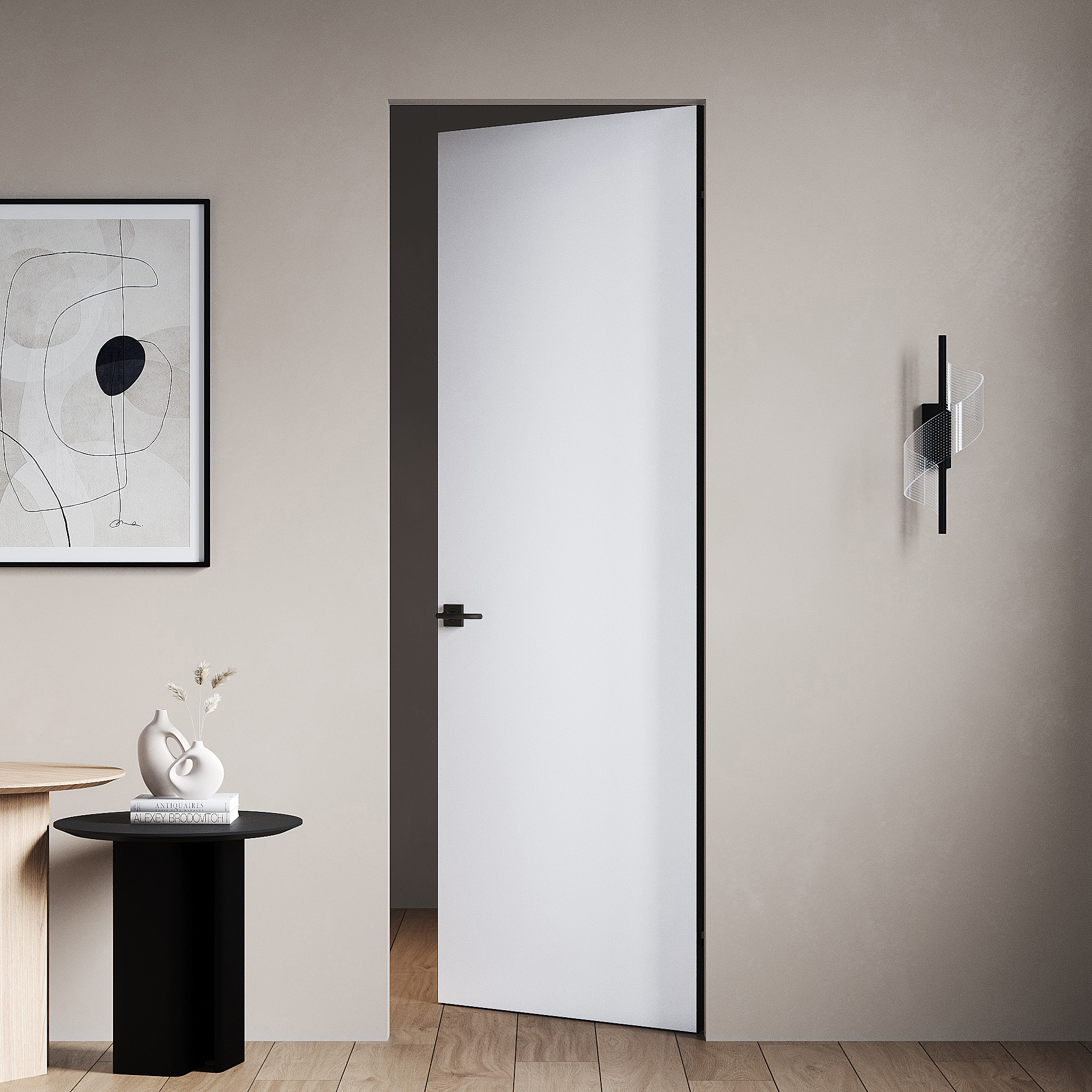 Изображение товара Дверь межкомнатная глухая Invisible 60x220 см грунт цвет белый/черный с замком