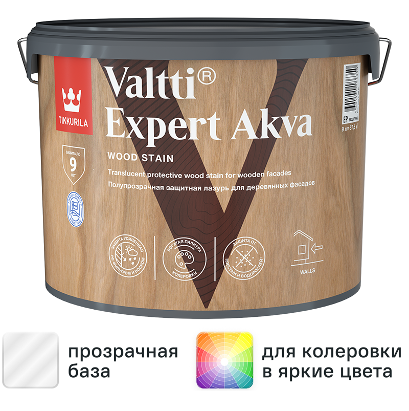 Изображение товара Антисептик защитно-декоративный Tikkurila Valtti Expert Akva полуматовый база EP бесцветный 9 л