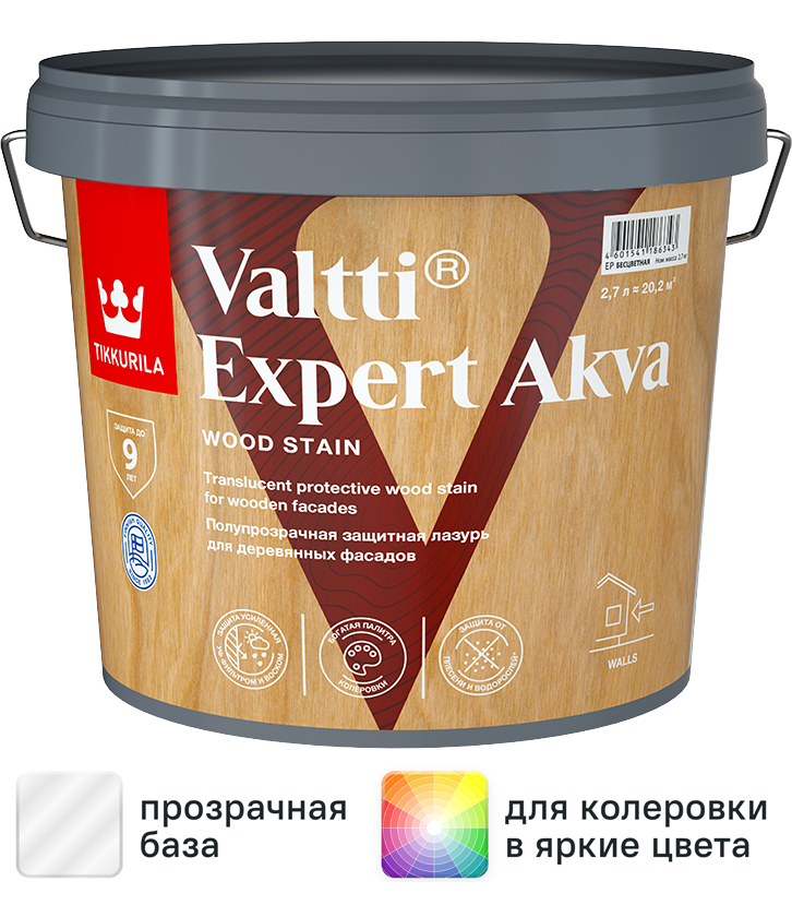 Изображение товара Антисептик защитно-декоративный Tikkurila Valtti Expert Akva База EP бесцветный полуматовый 2.7 л