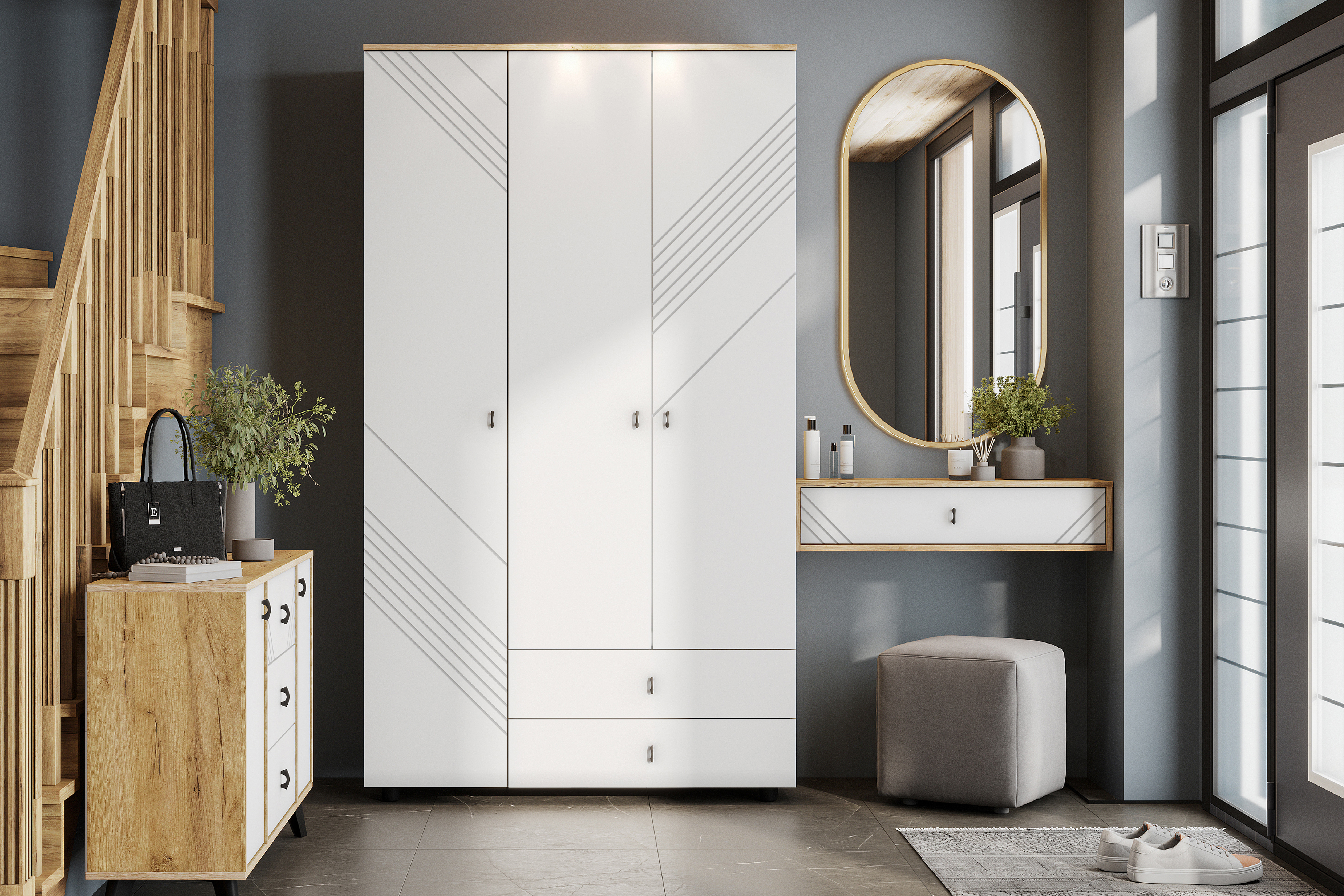 Изображение товара Комплект мебели для прихожей Арника Байкал 1 399x210.6x46.4 см ЛДСП цвет дуб золотой/белый матовый Изображение товара Комплект мебели для прихожей Арника Байкал 1 399x210.6x46.4 см ЛДСП цвет дуб золотой/белый матовый