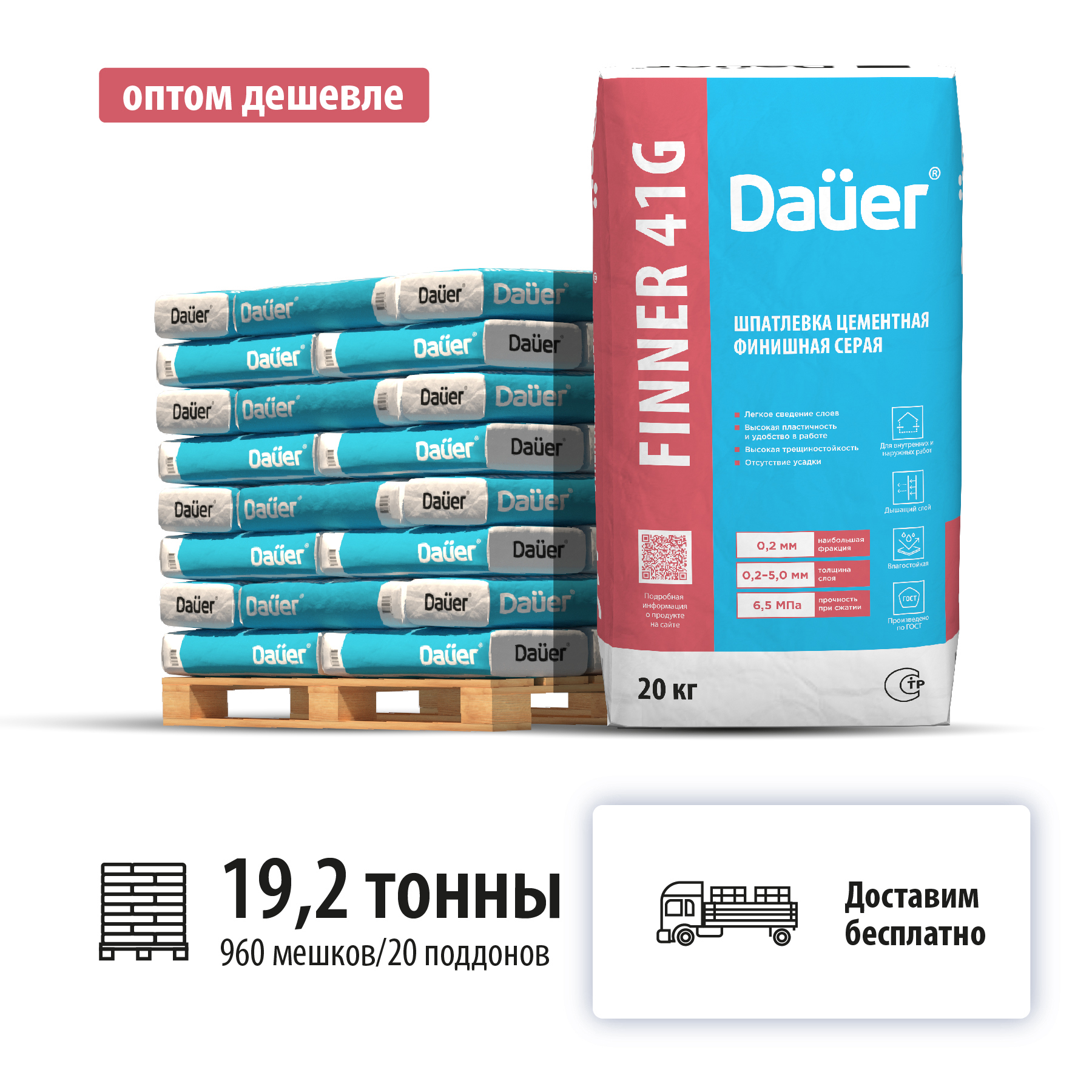 Изображение товара Шпатлевка цементная финишная Dauer Finner Exter 41G цвет серый комплект 20кг x 960шт машиной