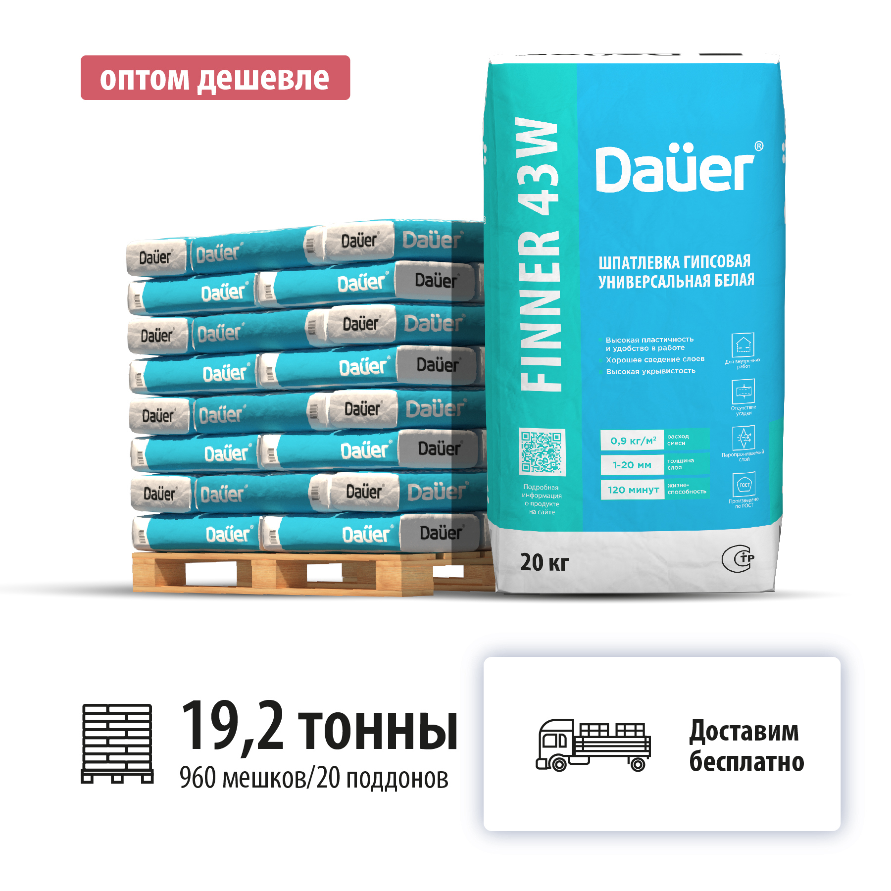 Изображение товара Шпатлевка гипсовая выравнивающая Dauer Finner Inter 43W цвет белый комплект 20кг x 960шт машиной