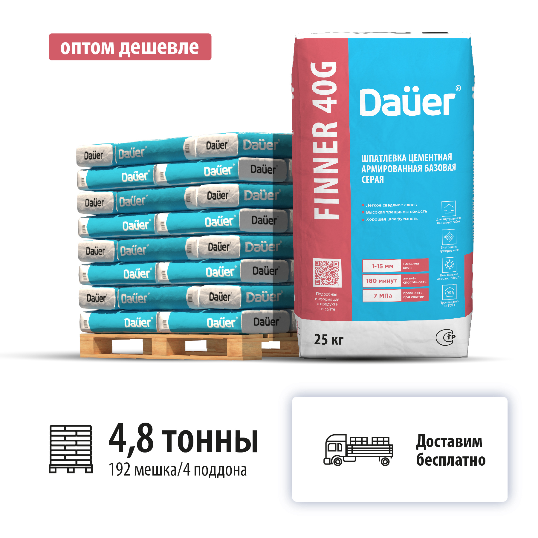 Изображение товара Шпатлевка цементная армированная базовая Dauer Finner 40G цвет серый комплект 25кг x 192шт машиной без выгрузки Изображение товара Шпатлевка цементная армированная базовая Dauer Finner 40G цвет серый комплект 25кг x 192шт машиной без выгрузки