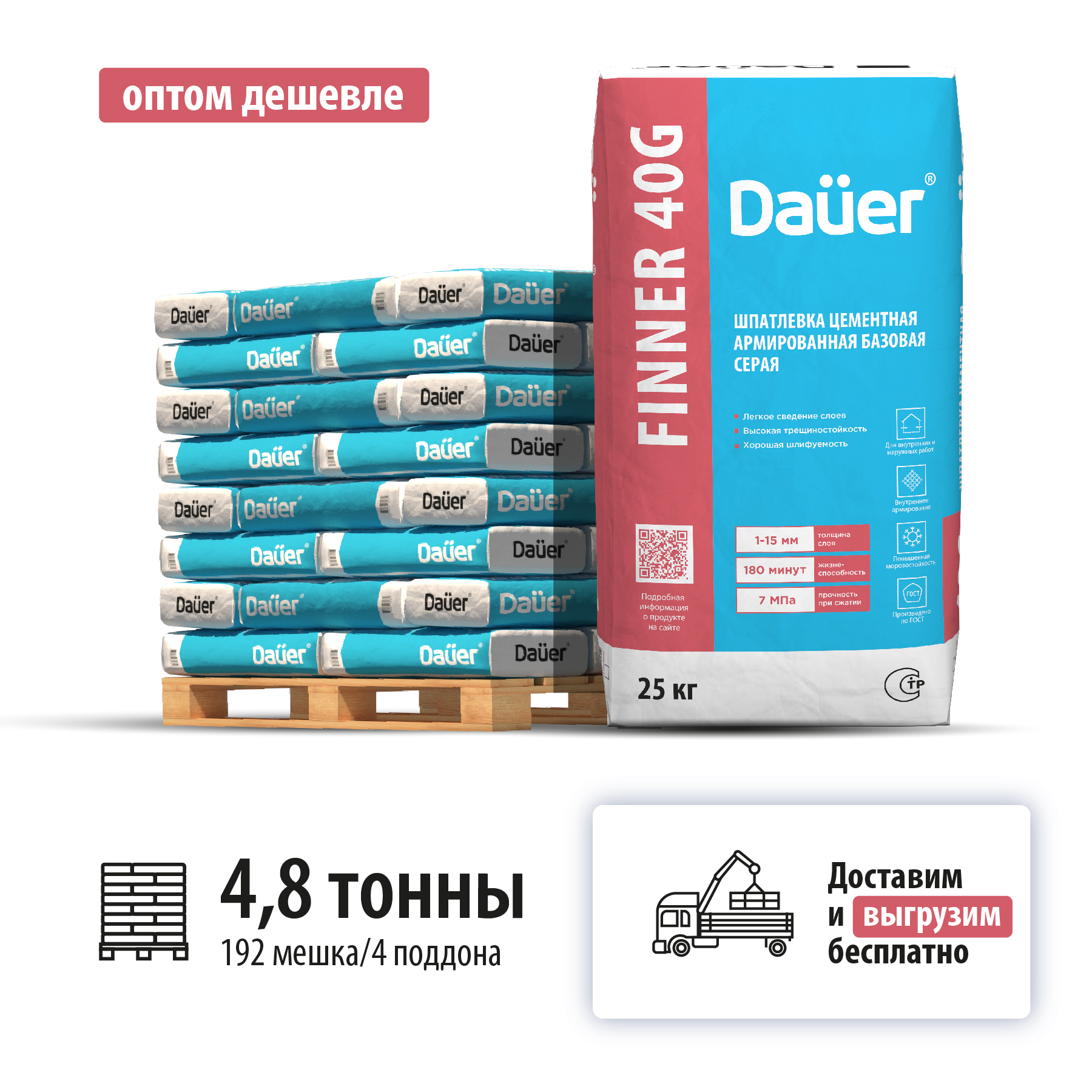 Изображение товара Шпатлевка цементная армированная базовая Dauer Finner 40G цвет серый комплект 25кг x 192шт машиной манипулятором Изображение товара Шпатлевка цементная армированная базовая Dauer Finner 40G цвет серый комплект 25кг x 192шт машиной манипулятором