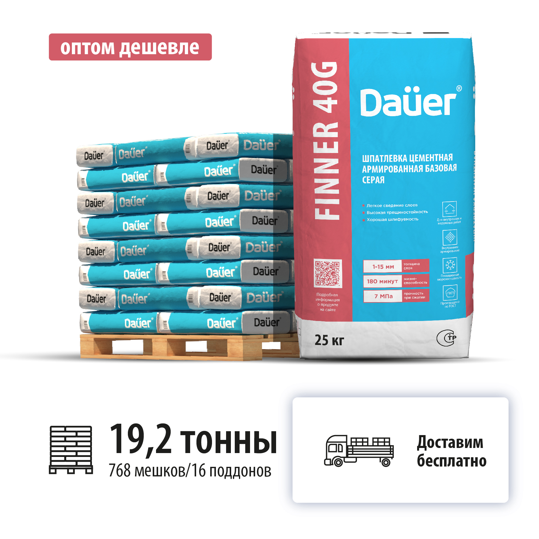 Изображение товара Шпатлевка цементная армированная базовая Dauer Finner 40G цвет серый комплект 25кг x 768шт машиной