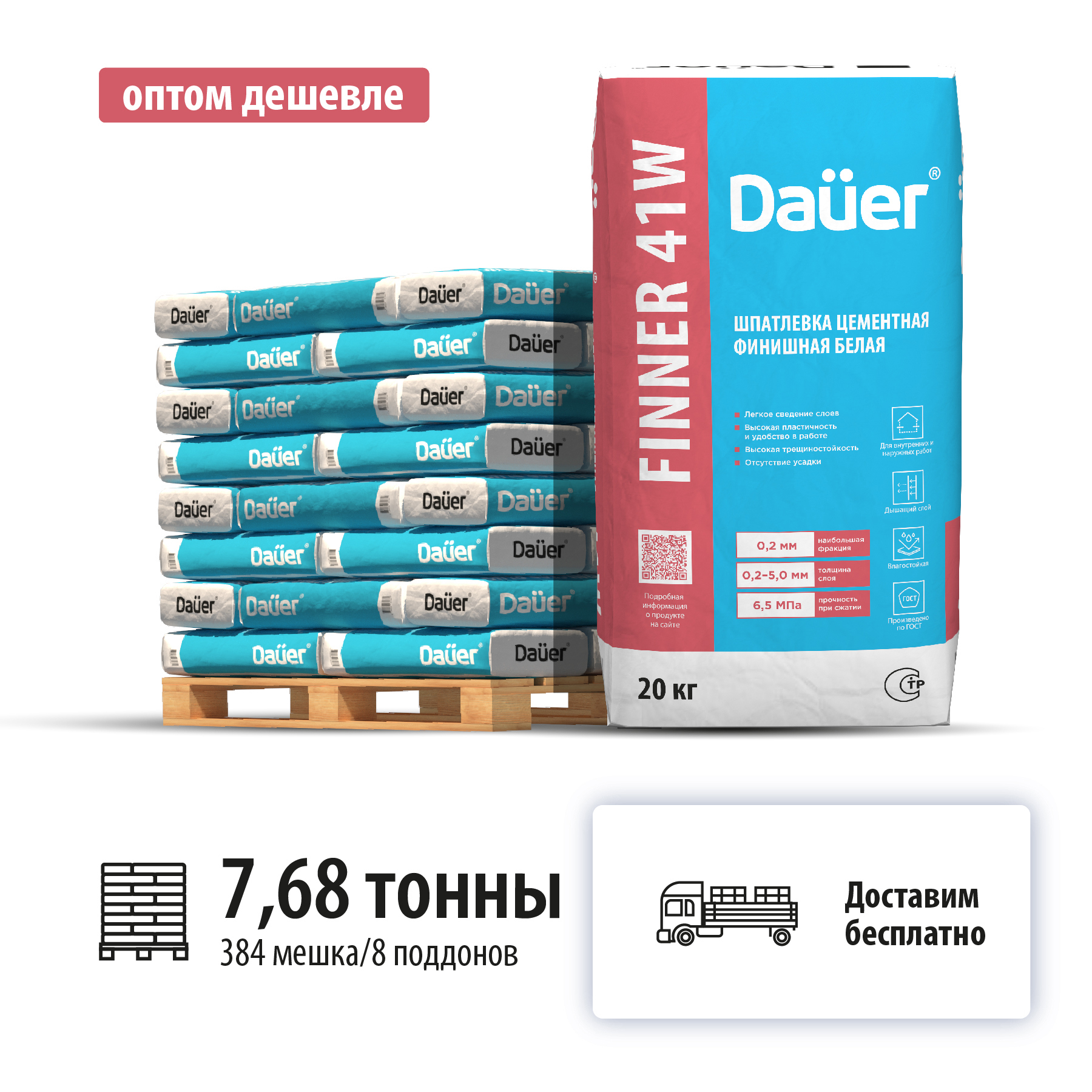 Изображение товара Шпатлевка цементная финишная Dauer Finner Exter 41W цвет серый комплект 20кг x 384шт машиной без выгрузки