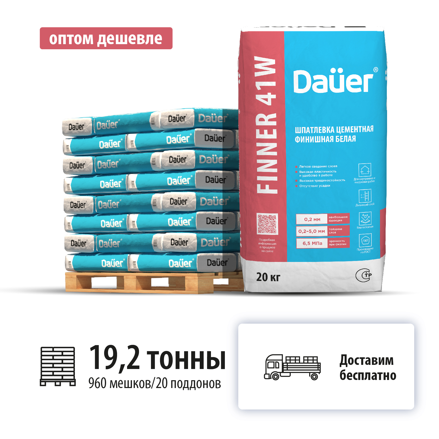 Изображение товара Шпатлевка цементная финишная Dauer Finner Exter 41W цвет серый комплект 20кг x 960шт машиной