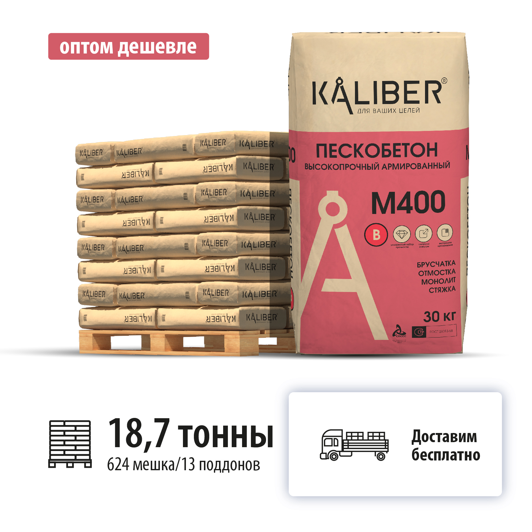 Изображение товара Пескобетон высокопрочный Kaliber М400 цвет серый комплект 30кг x 624шт с доставкой машиной