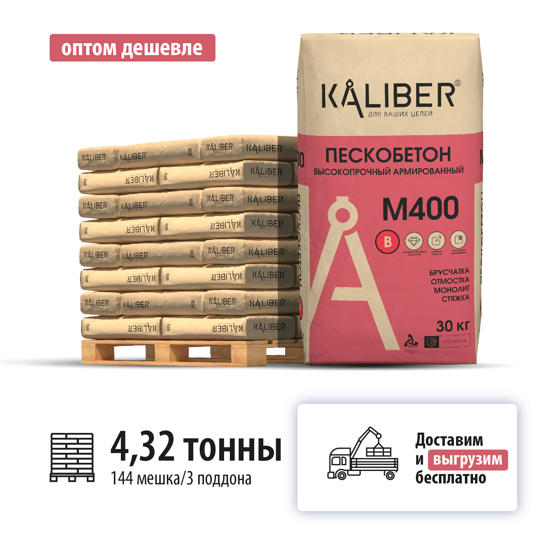 Изображение товара Пескобетон KALIBER М400 высокопрочный для стяжек и фундаментов 4320 кг Изображение товара Пескобетон KALIBER М400 высокопрочный для стяжек и фундаментов 4320 кг