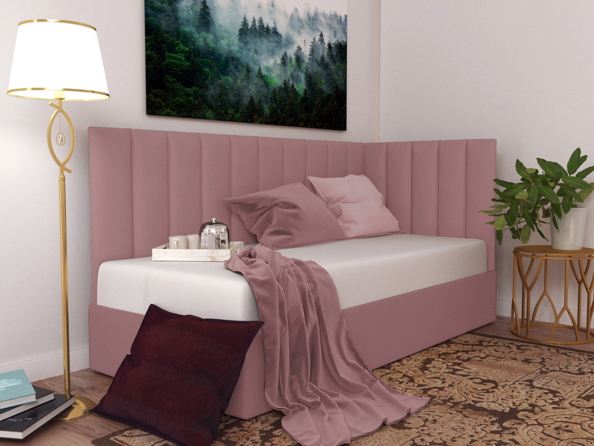 Изображение товара Кровать угловая Inroom Line 140x190 см подъемный механизм цвет пыльная роза