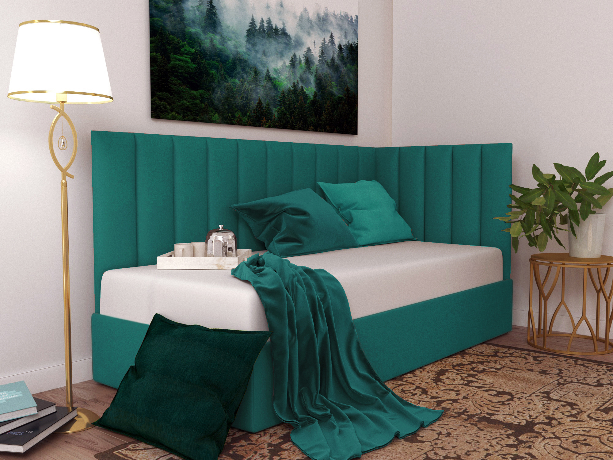 Изображение товара Кровать угловая Inroom Line 160x200 см подъемный механизм цвет морская волна Изображение товара Кровать угловая Inroom Line 160x200 см подъемный механизм цвет морская волна