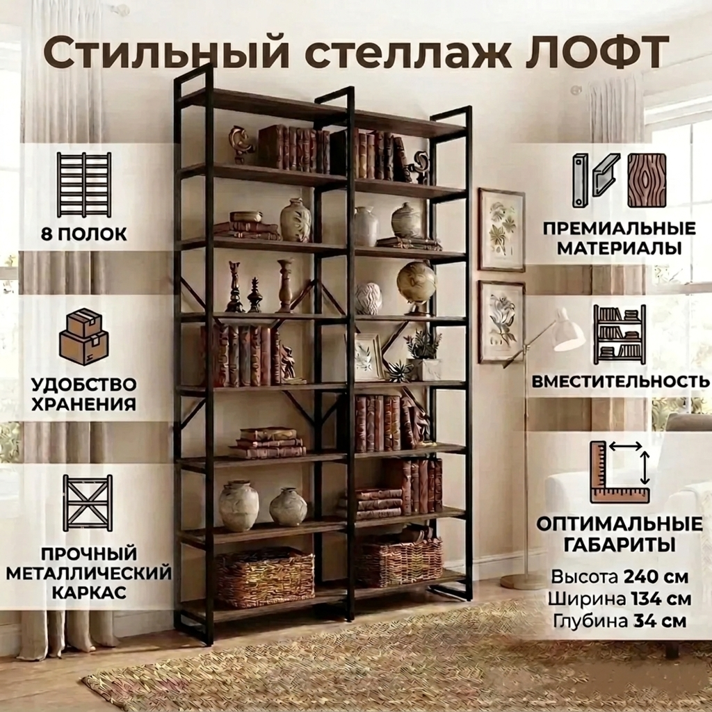Изображение товара Стеллаж A1 home Лофт Barneo 8 полок 134x240x34 см металл цвет дуб кальяри