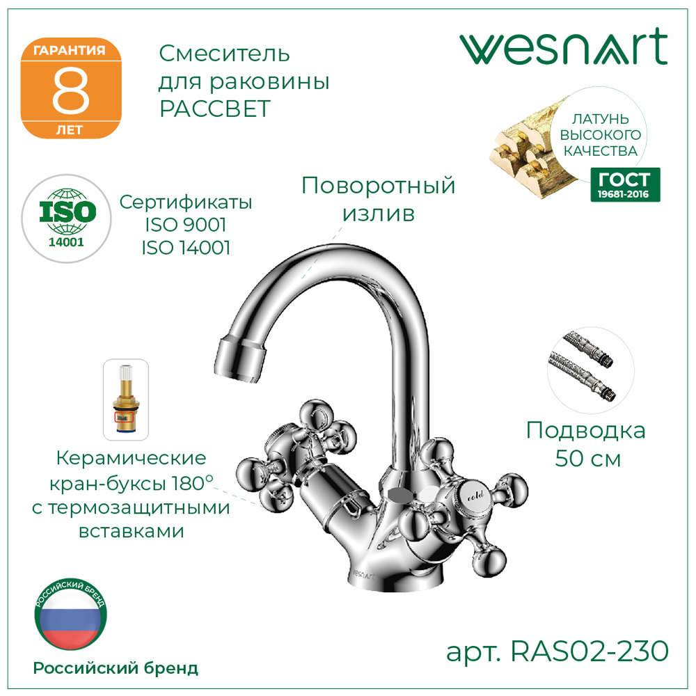 Изображение товара Смеситель для раковины Wesnaart RAS02-230 двухвентильный цвет хром Изображение товара Смеситель для раковины Wesnaart RAS02-230 двухвентильный цвет хром