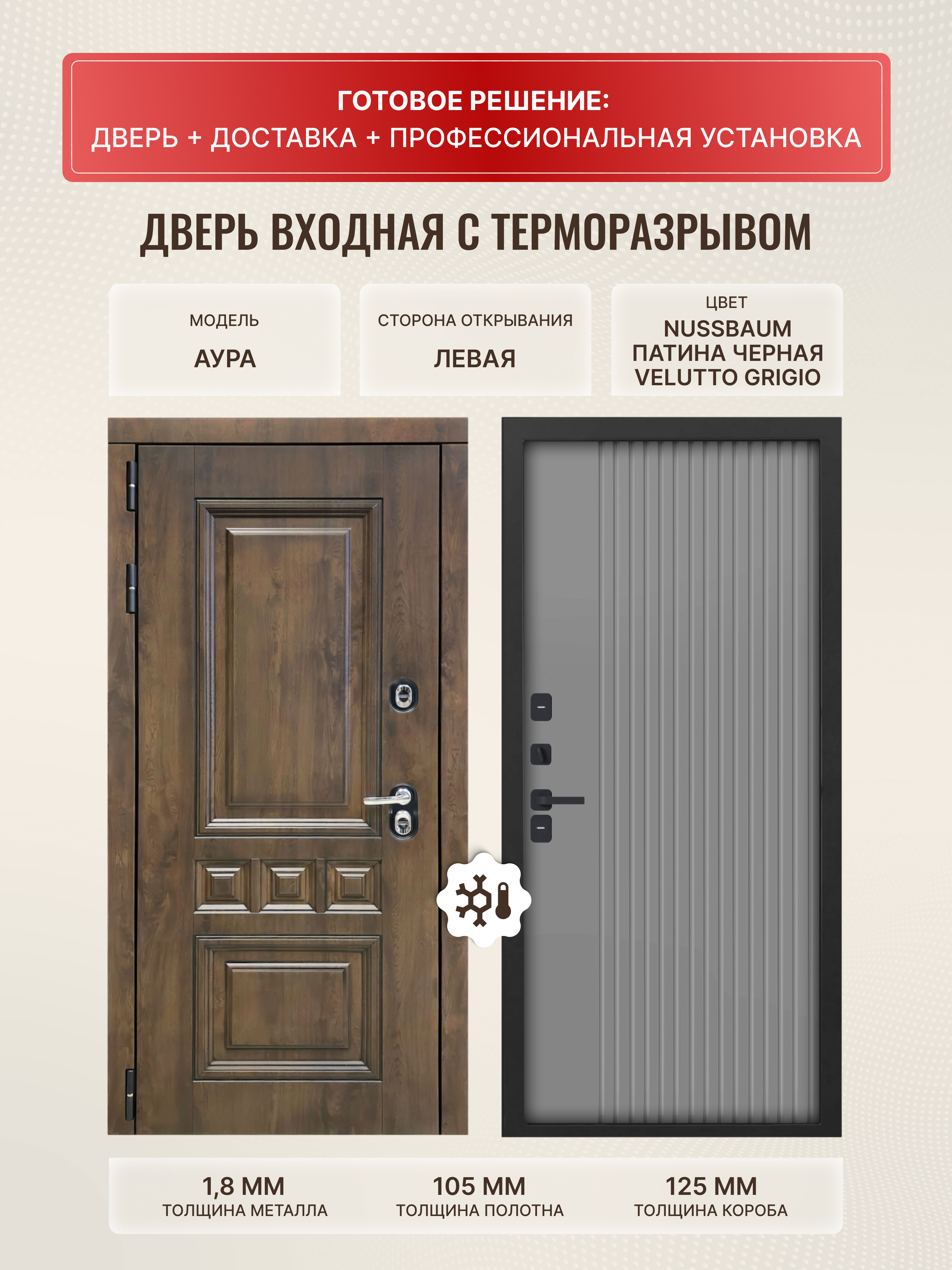 Изображение товара Входная дверь Дверипро Термо L Аура левый 205x86см цвет nussbaum патина черная/velutto grigio