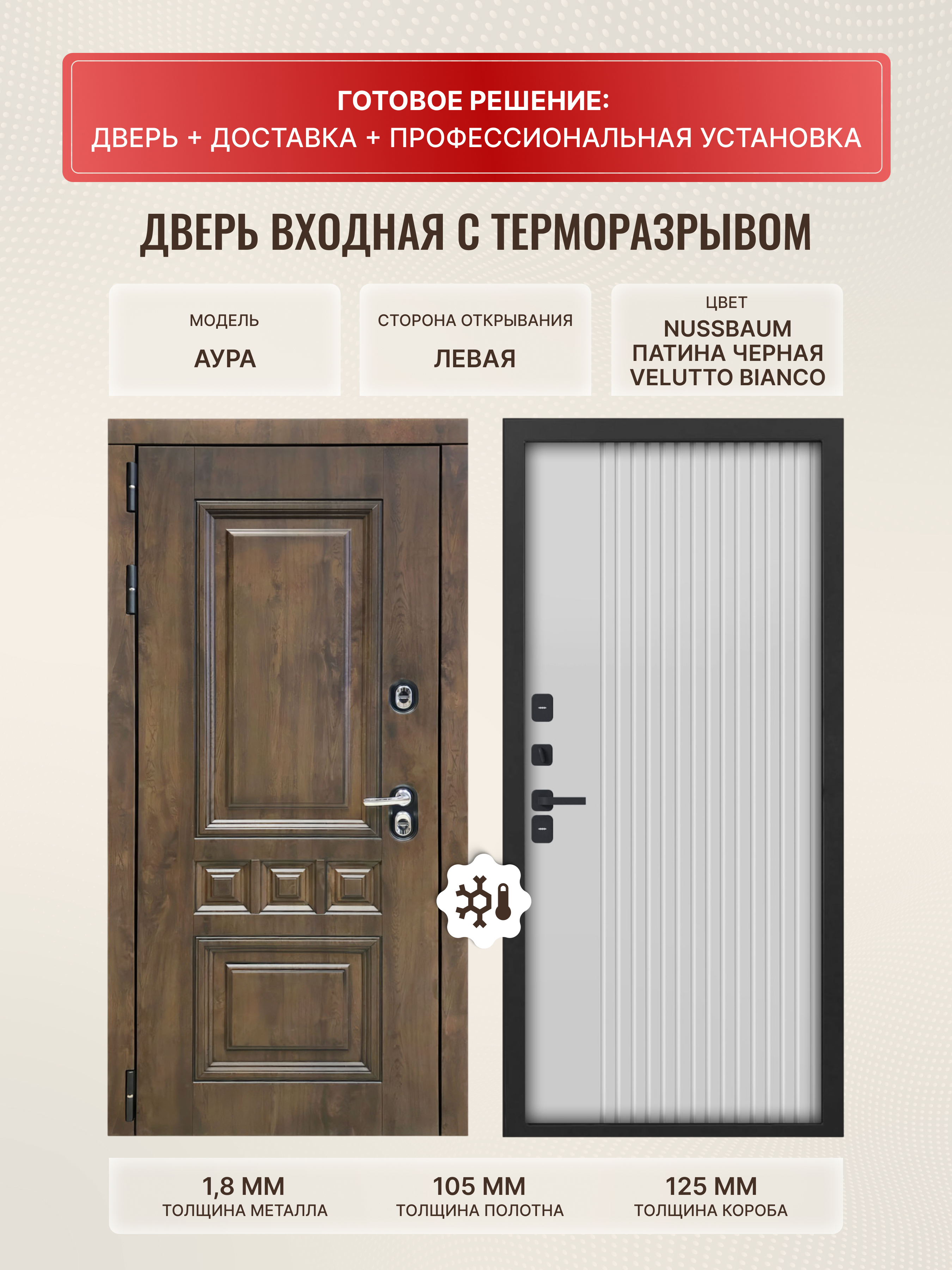 Изображение товара Входная дверь Дверипро Термо L Аура левый 205x96см цвет nussbaum патина черная/velutto bianco