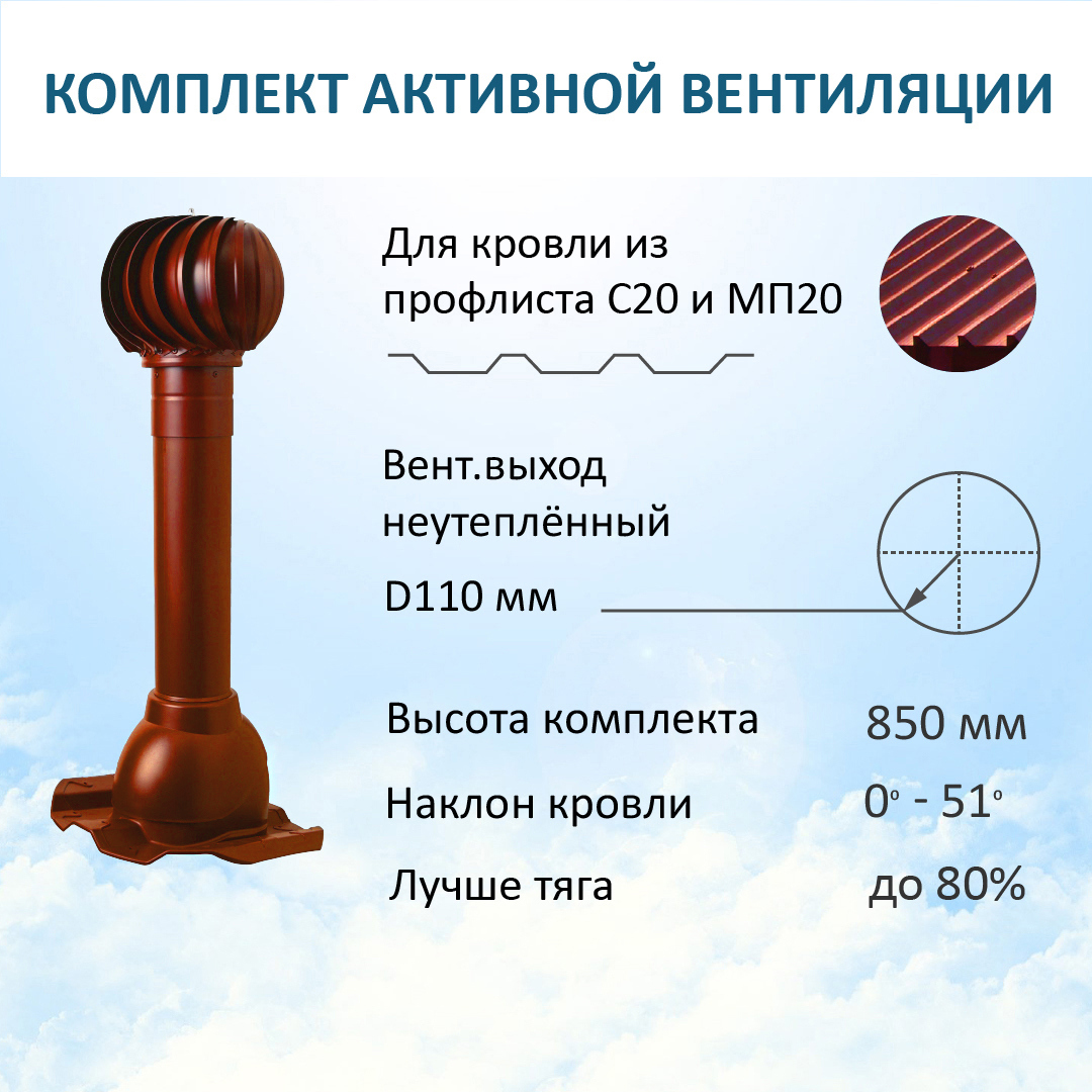 Изображение товара Вентиляционный выход Polivent ⌀110мм с проходным элементом Prof-20 для металлопрофиля/профнастила МП20 иС20 и турбодефлектором ⌀110мм RAL 3009 красная окись Изображение товара Вентиляционный выход Polivent ⌀110мм с проходным элементом Prof-20 для металлопрофиля/профнастила МП20 иС20 и турбодефлектором ⌀110мм RAL 3009 красная окись