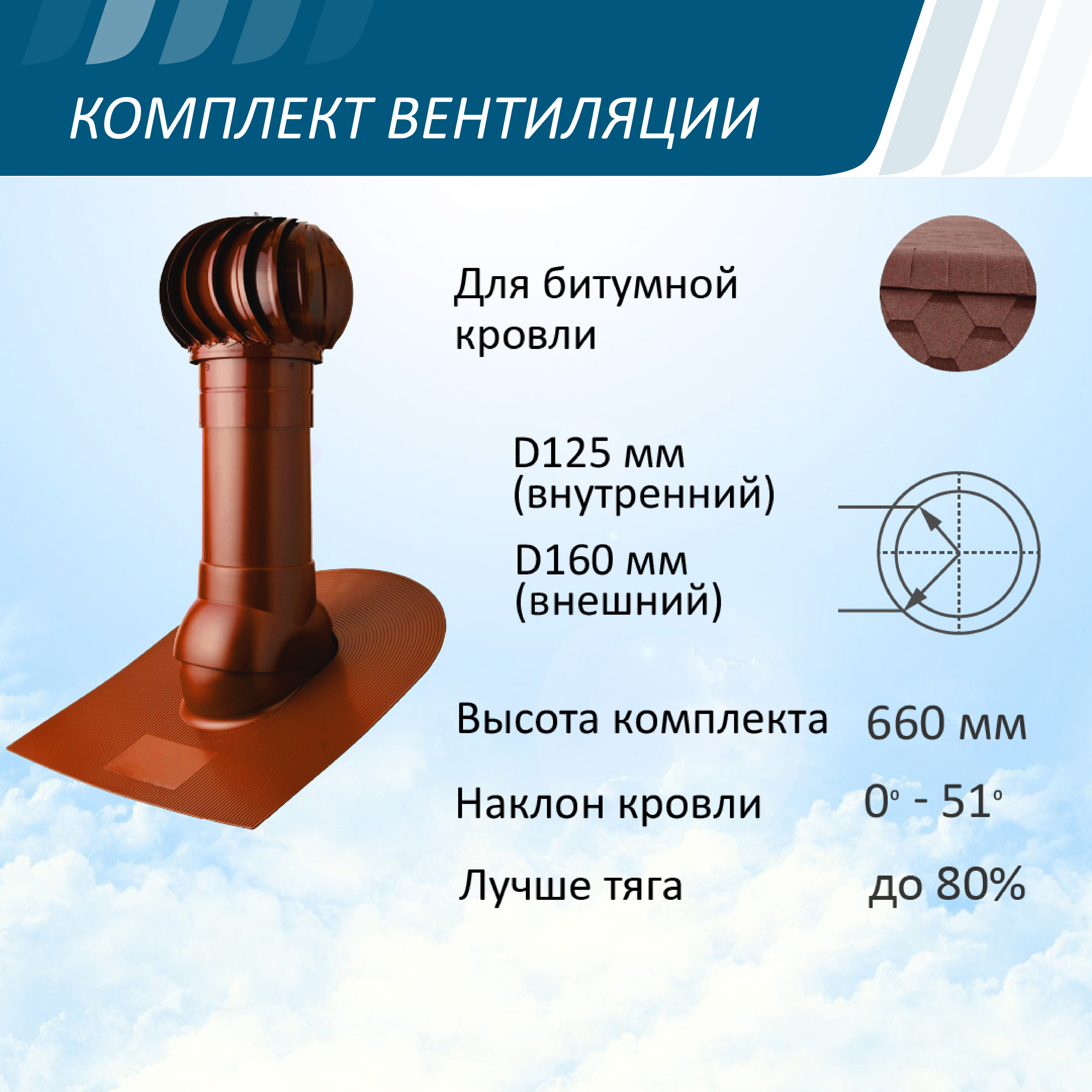 Изображение товара Вентиляционный выход Polivent ⌀125/160мм 500мм для битумной гибкой черепицы с турбодефлектором ⌀160мм красный окись Изображение товара Вентиляционный выход Polivent ⌀125/160мм 500мм для битумной гибкой черепицы с турбодефлектором ⌀160мм красный окись