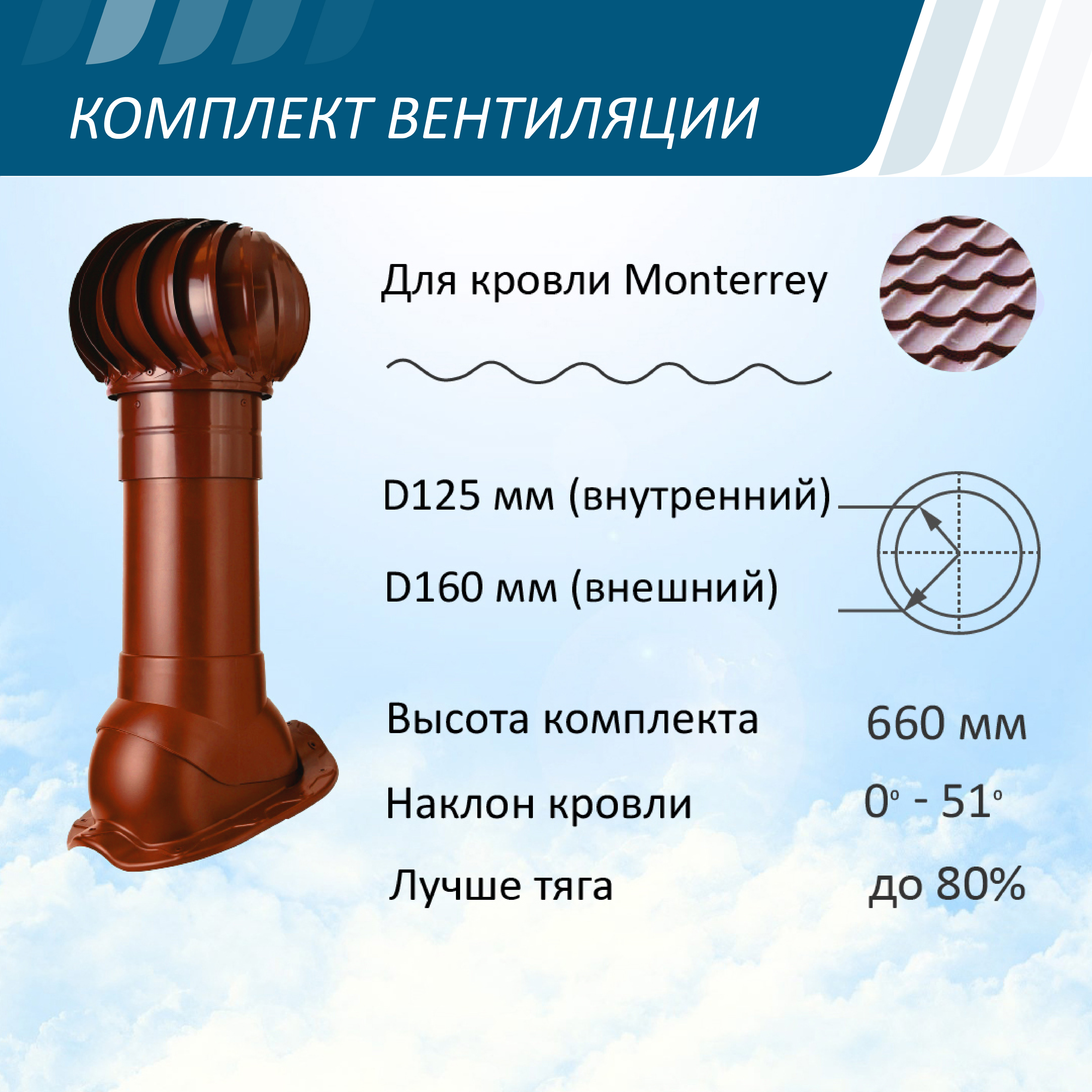 Изображение товара Вентиляционный выход Polivent ⌀160мм утепленный 500мм с проходным элементом для металлочерепицы Monterrey и турбодефлектором ⌀160мм красный окись