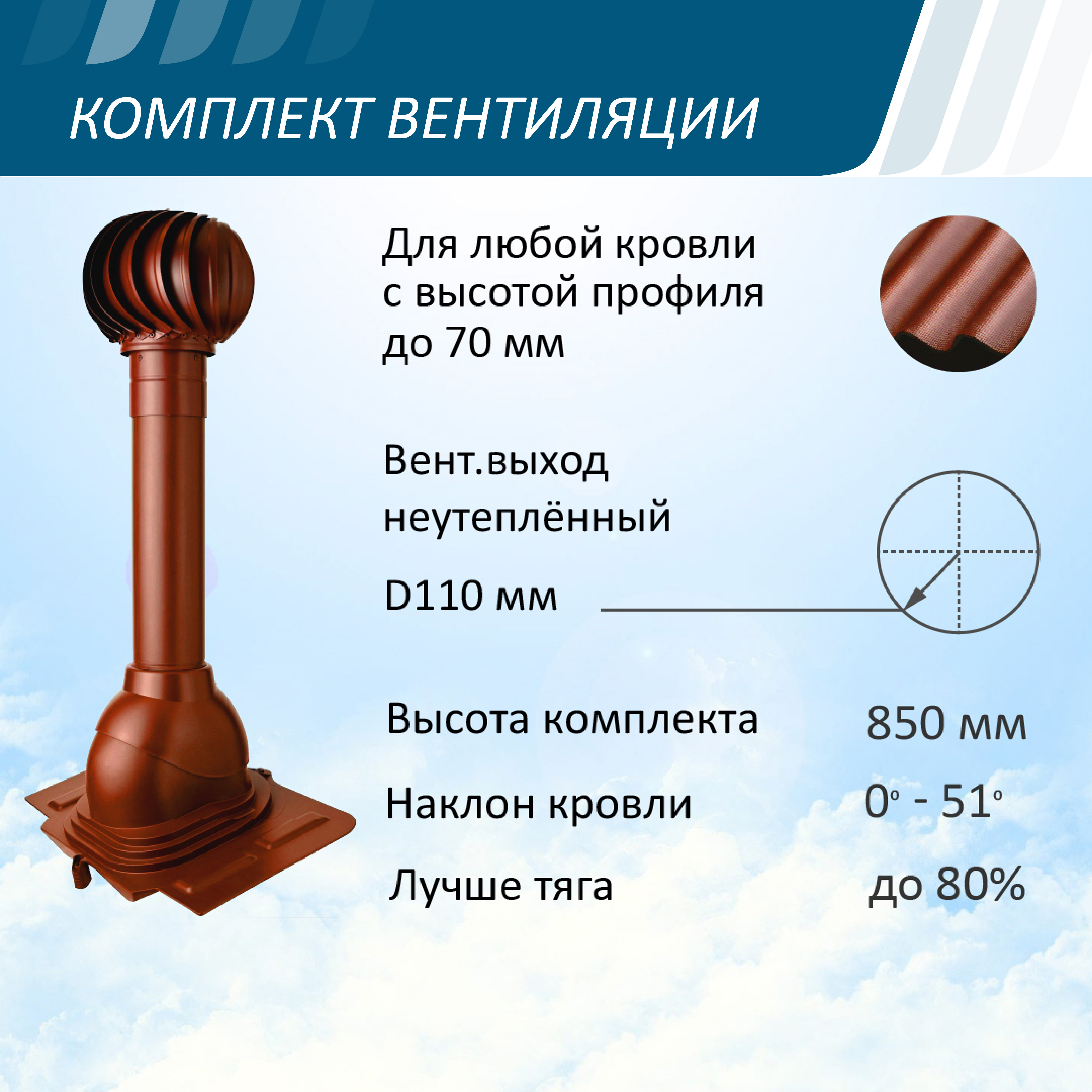 Изображение товара Вентиляционный выход Polivent ⌀100мм неутепленный 500мм с проходным элементом универсальным и турбодефлектором ⌀110мм красный окись