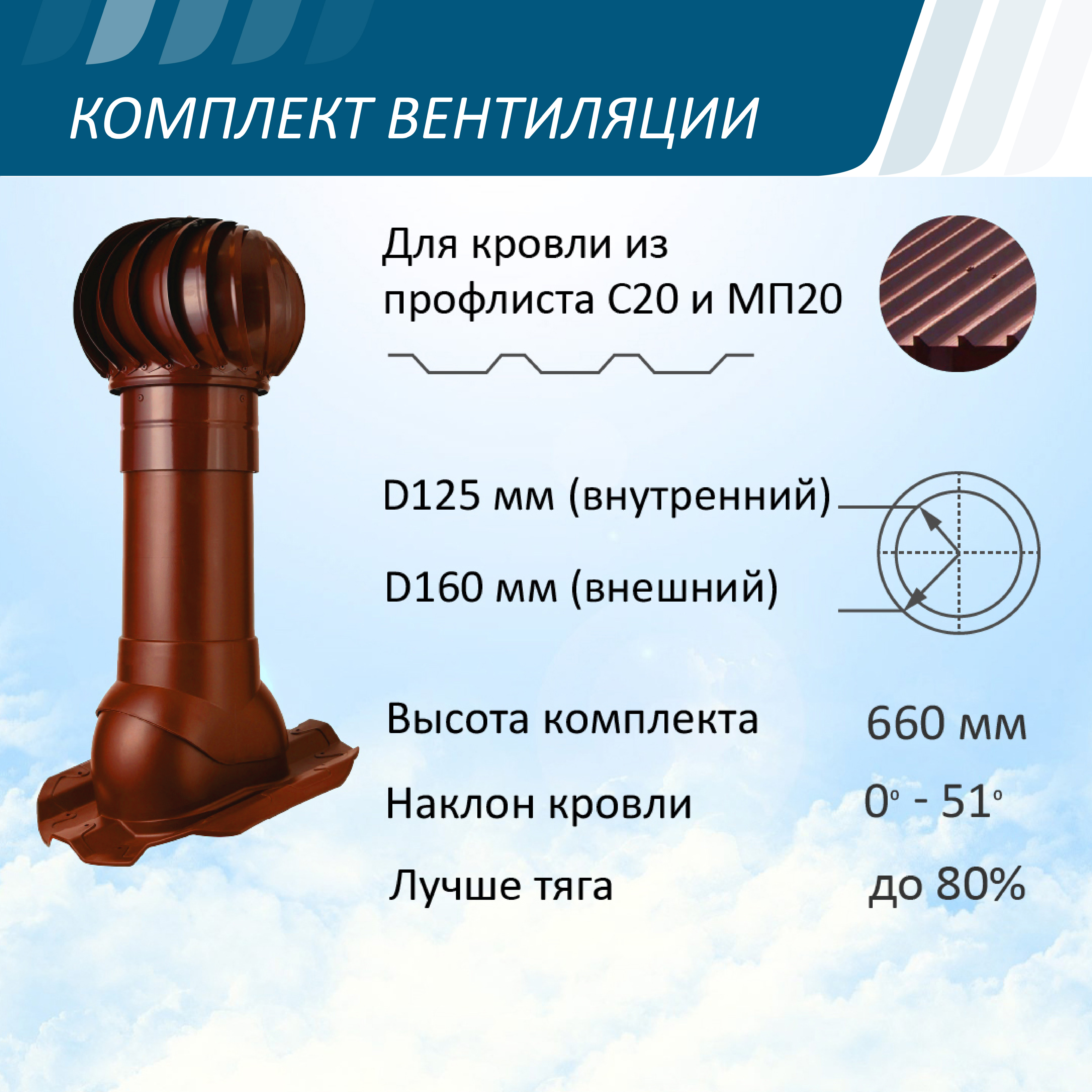 Изображение товара Вентиляционный выход Polivent ⌀160мм 500мм с проходным элементом для металлопрофиля/профнастила МП20 иС20 и турбодефлектором ⌀160мм красный окись
