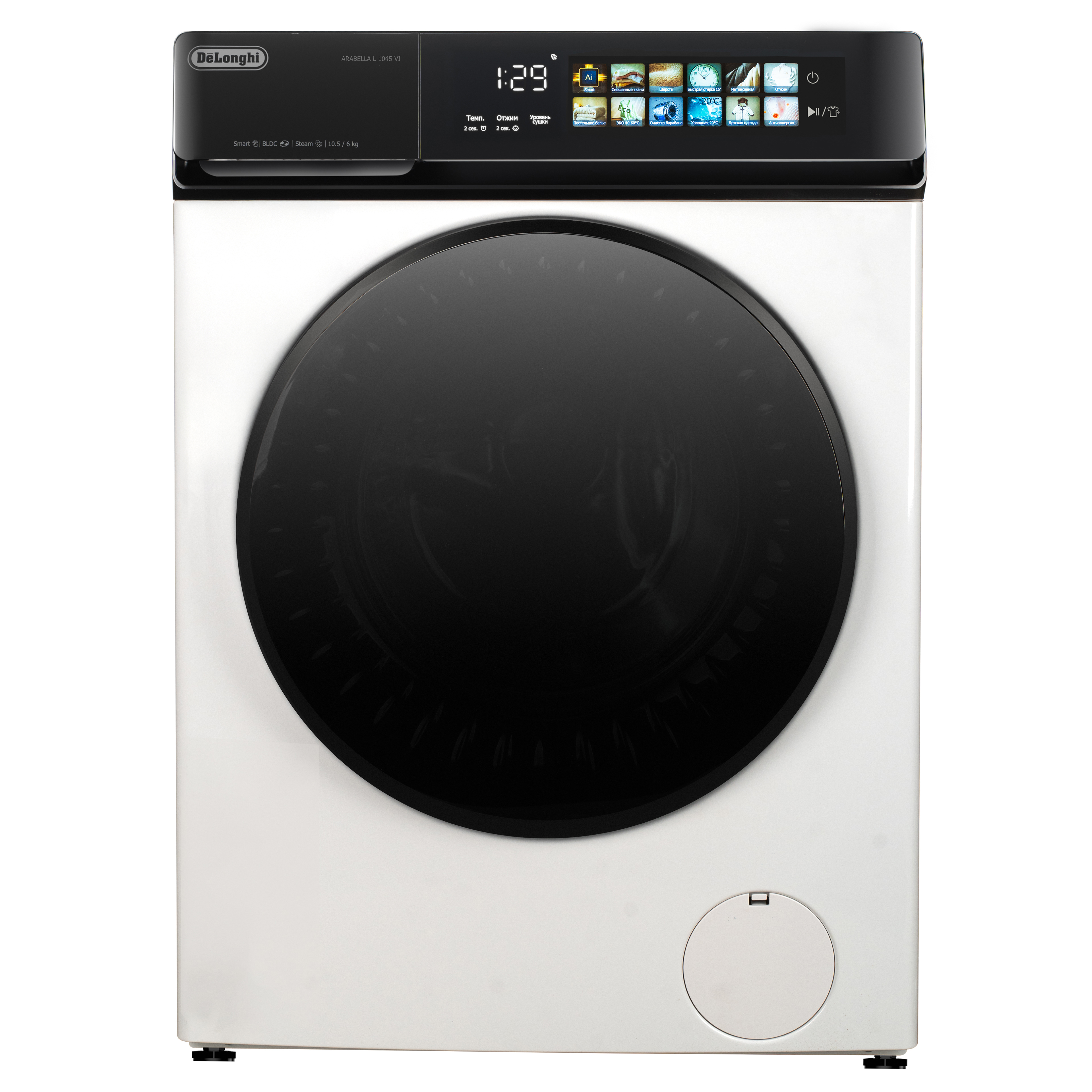 Изображение товара Отдельно стоящая стиральная машина Delonghi Arabella L 1045 Vi 59.8x84.5x60.8 см 10.5 кг цвет белый Изображение товара Отдельно стоящая стиральная машина Delonghi Arabella L 1045 Vi 59.8x84.5x60.8 см 10.5 кг цвет белый