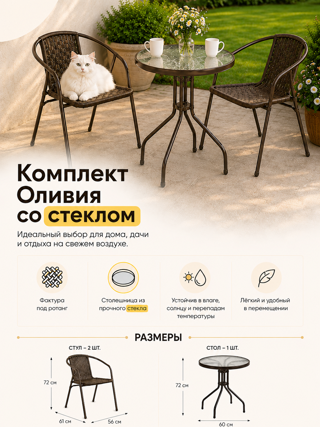 Изображение товара Набор садовой мебели для отдыха Doma Оливия 1458948 3 предмета коричневый Изображение товара Набор садовой мебели для отдыха Doma Оливия 1458948 3 предмета коричневый