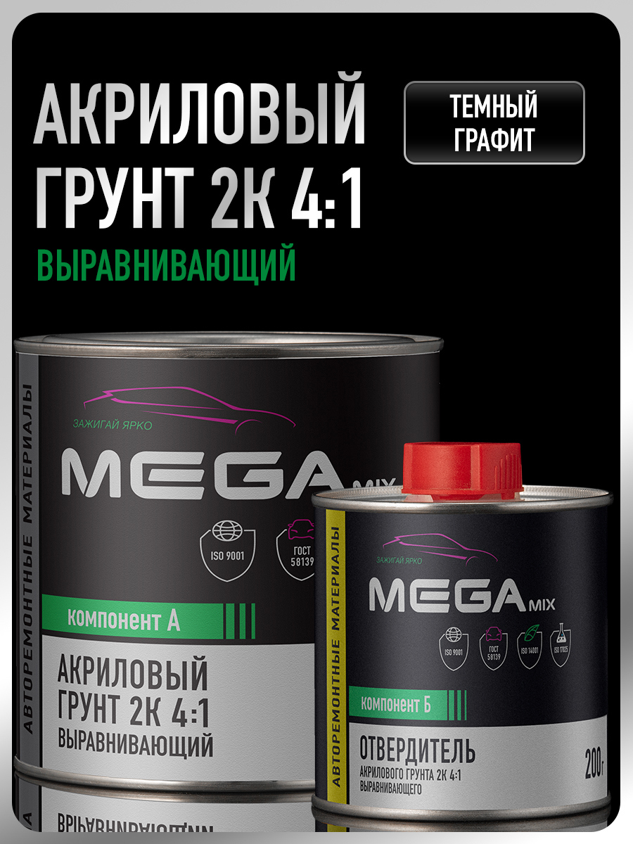 Изображение товара Грунт акриловый автомобильный Megamix Nano 2К выравнивающий 4:1 темный графит грунт 800г и отвердитель: 200г Изображение товара Грунт акриловый автомобильный Megamix Nano 2К выравнивающий 4:1 темный графит грунт 800г и отвердитель: 200г