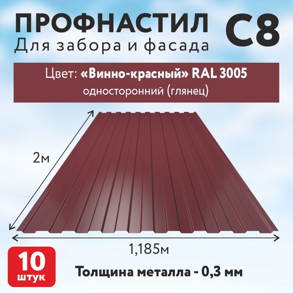 Изображение товара Профнастил Таврос С8 2000x110.35x0.3мм 2.37м² цвет RAL 3005 винно-красный 10шт