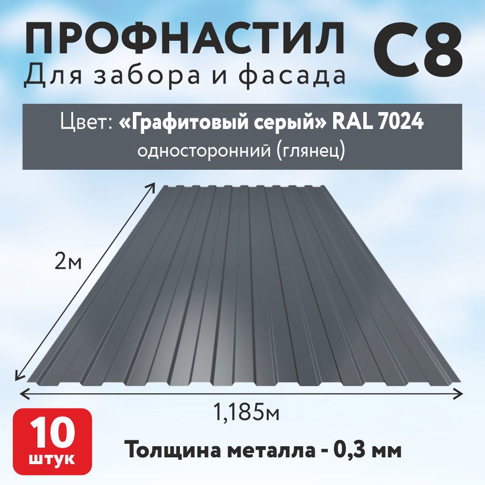Изображение товара Профнастил Таврос С8 2000x110.35x0.3мм 2.37м² цвет RAL 7024 графитовый серый 10шт