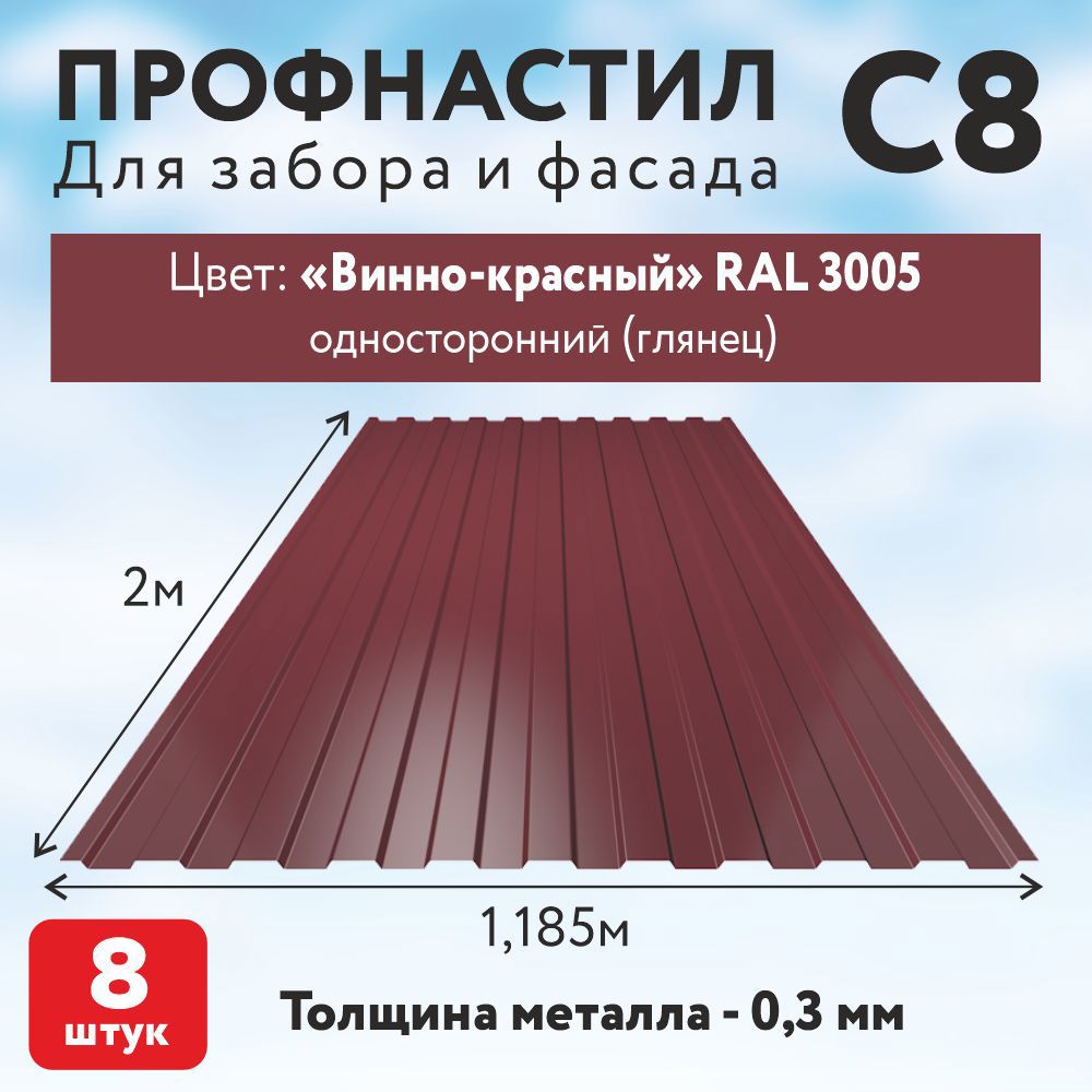 Изображение товара Профнастил Таврос С8 2000x110.35x0.3мм 2.37м² цвет RAL 3005 винно-красный 8шт