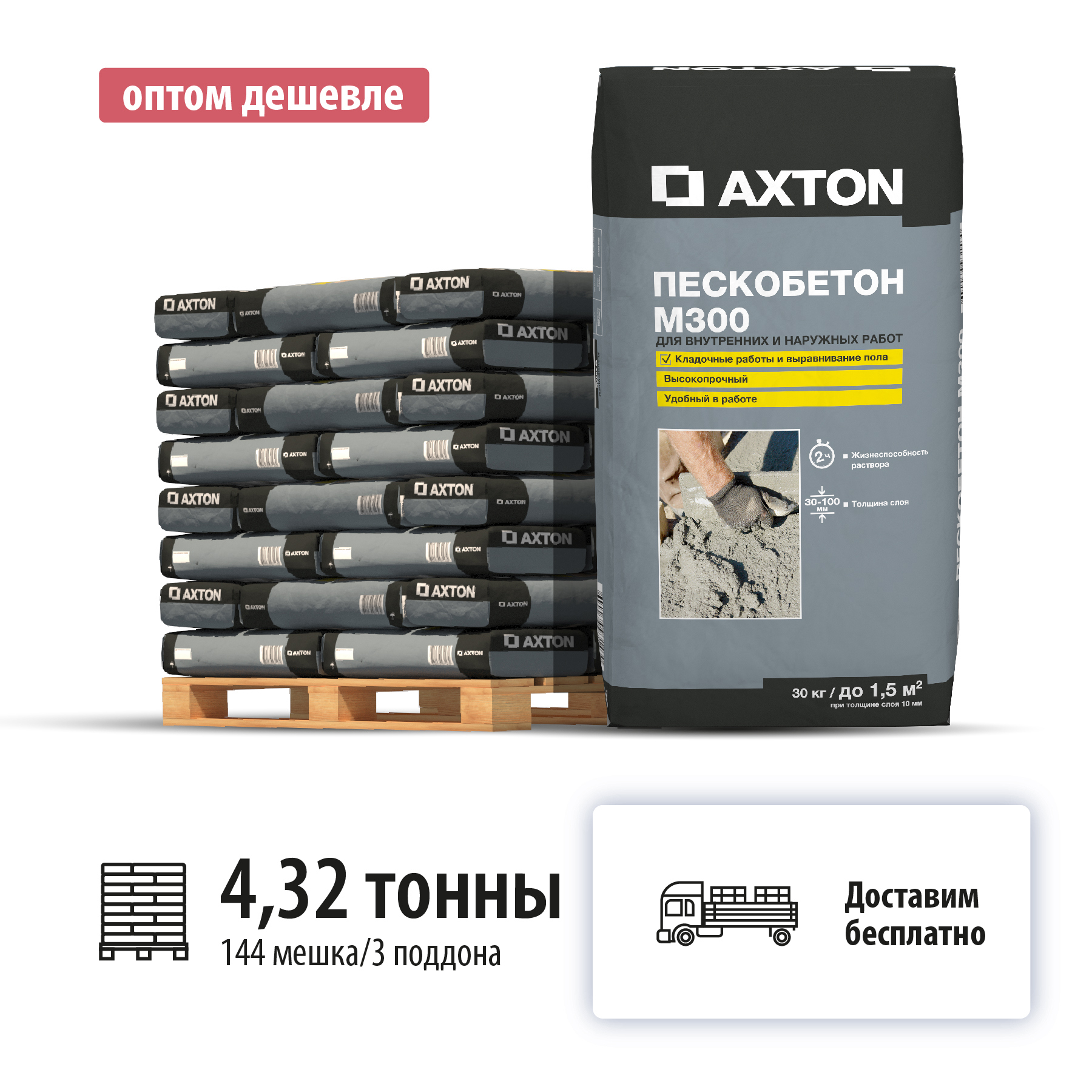 Изображение товара Пескобетон М300 Axton цвет серый комплект 30кг x 144шт с доставкой машиной