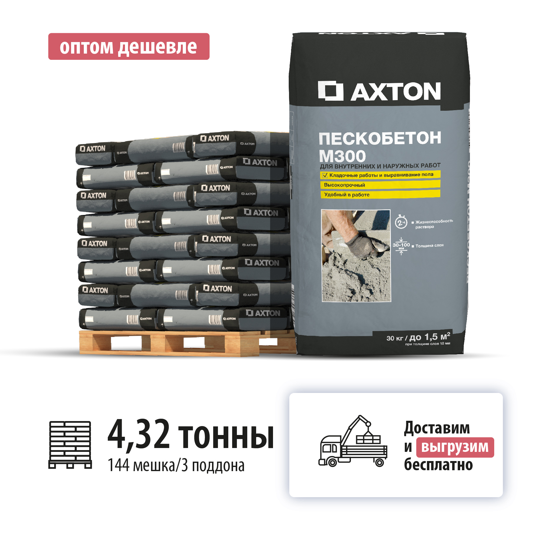 Изображение товара Пескобетон Axton M300 для стен, фасадов и стяжек, 144 мешка по 30 кг