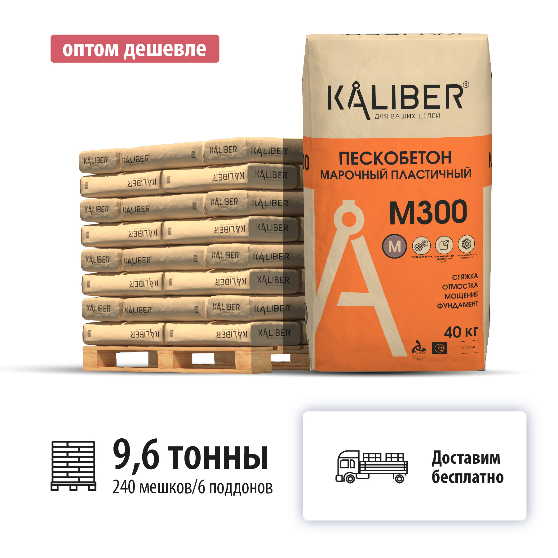 Изображение товара Пескобетон Kaliber M300 водостойкий для внутренних и наружных работ 9600 кг Изображение товара Пескобетон Kaliber M300 водостойкий для внутренних и наружных работ 9600 кг