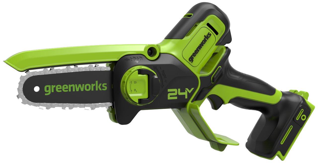 Изображение товара Аккумуляторная цепная пила Greenworks G24MCS10 24 В Li-Ion легкая и безопасная Изображение товара Аккумуляторная цепная пила Greenworks G24MCS10 24 В Li-Ion легкая и безопасная
