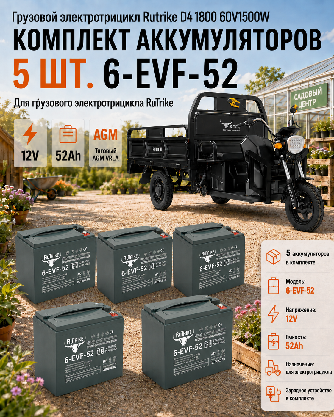 Изображение товара Грузовой электрицикл Rutrike D4 1800 60V1500W52Ah Черный с АКБ и зарядкой