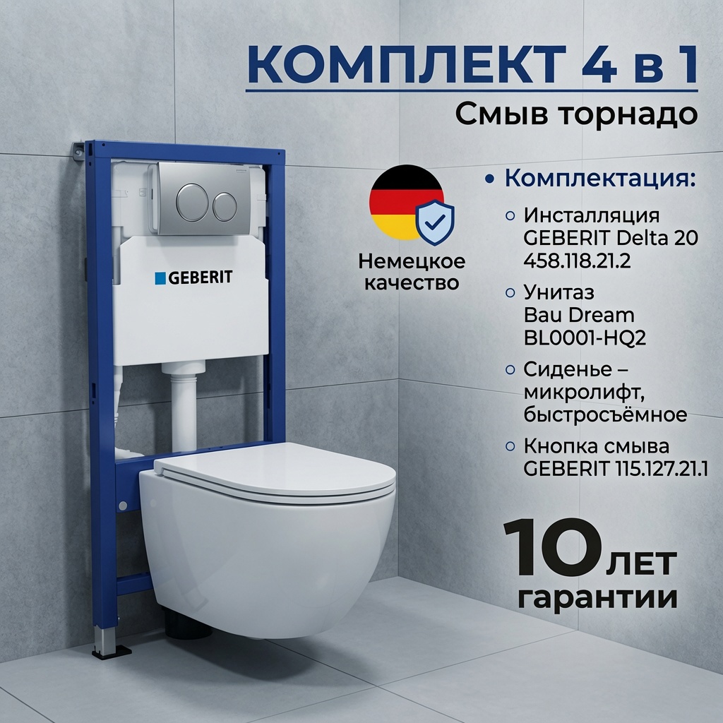 Изображение товара Комплект инсталляция и унитаз Geberit Duofix унитаз подвесной Bau Dream торнадо с клавишей Delta20 хром